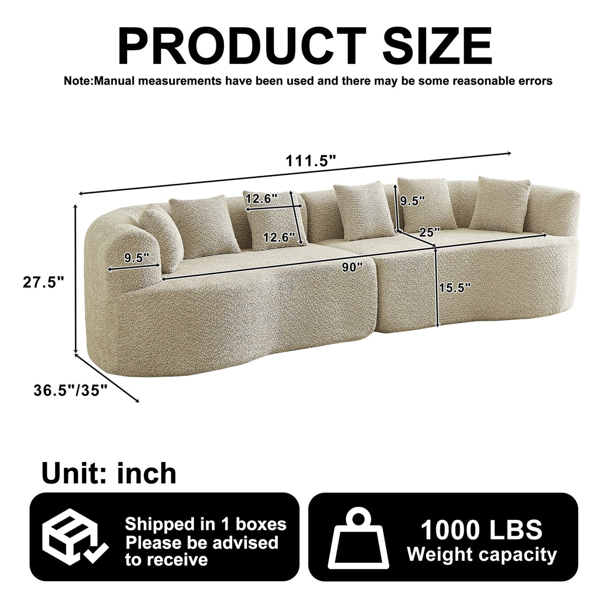 Curved Sectional Oversized Bone Free Cloud Sofa With 6 Pillows, 4 Seater With Deep Seat - Light Khaki