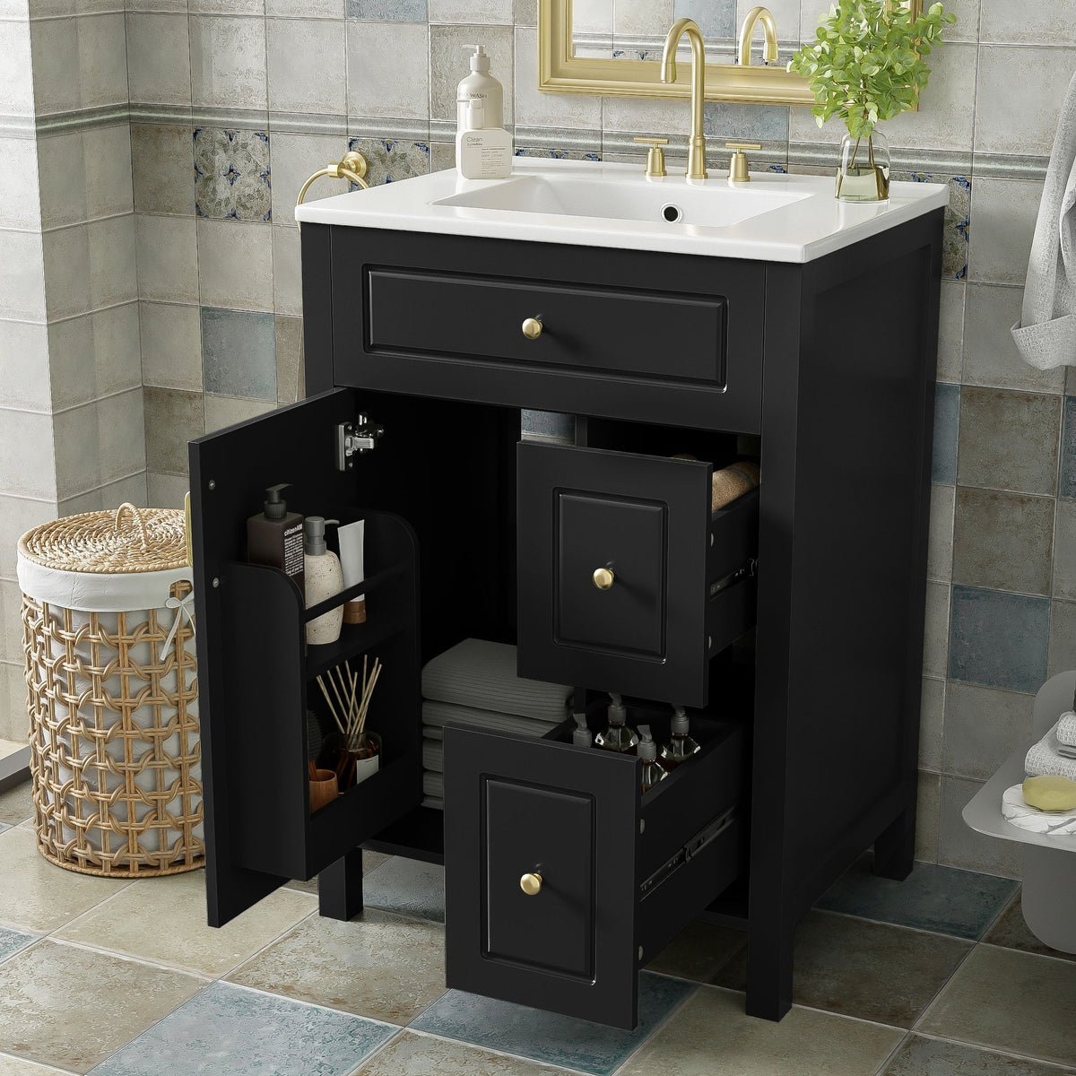 Elegant Bathroom Vanity With Ceramic Sink, Soft Close Doors And Drawers, Double Storage Racks