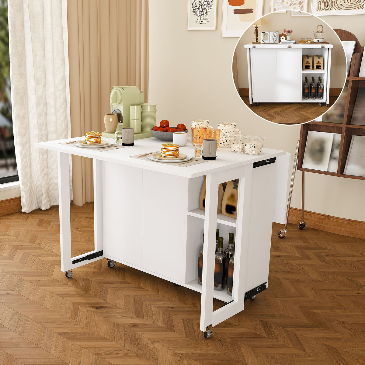 3 In 1 Foldable Side Table With 4 Storage Shelves