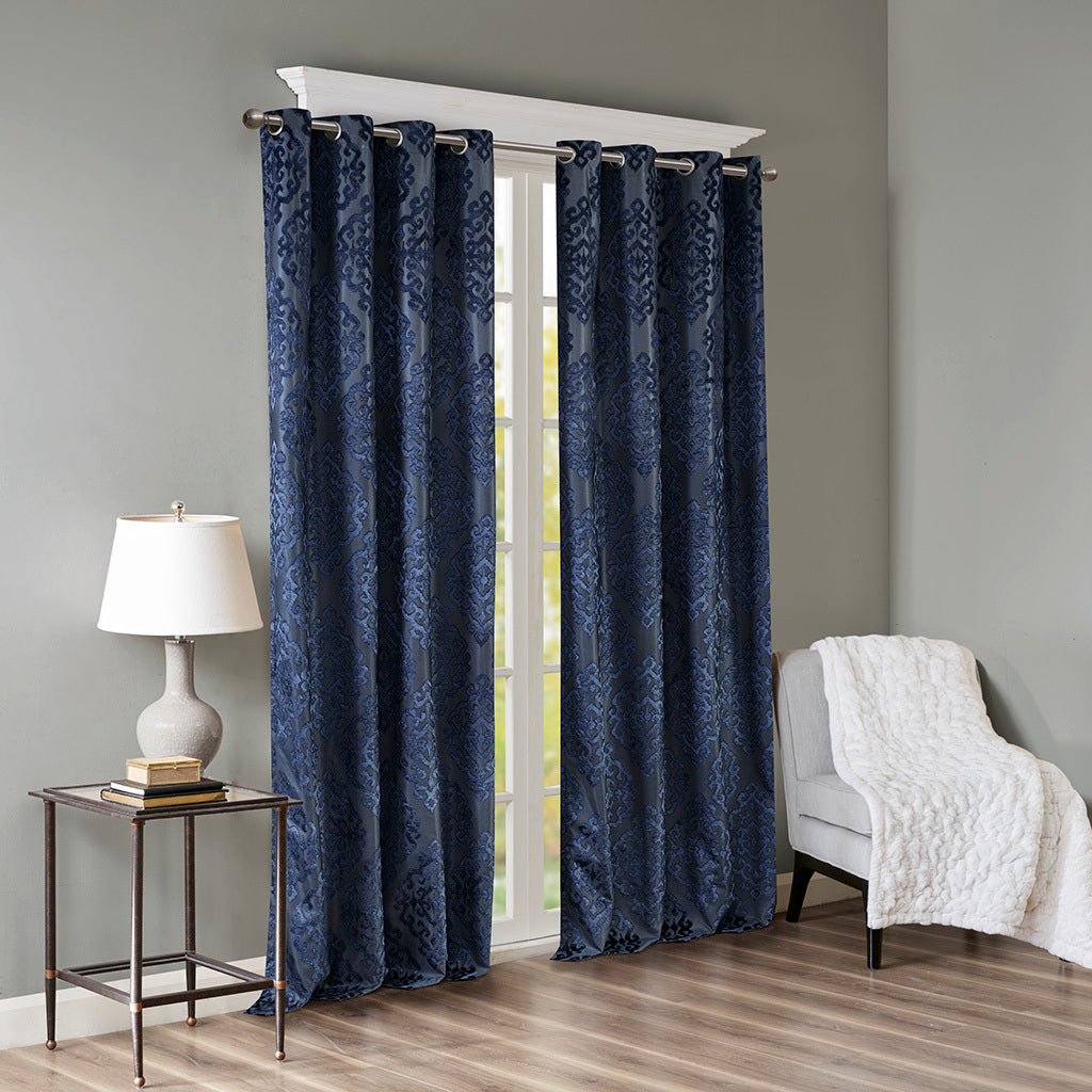 Knitted Jacquard Damask Total Blackout Grommet Top Curtain Panel