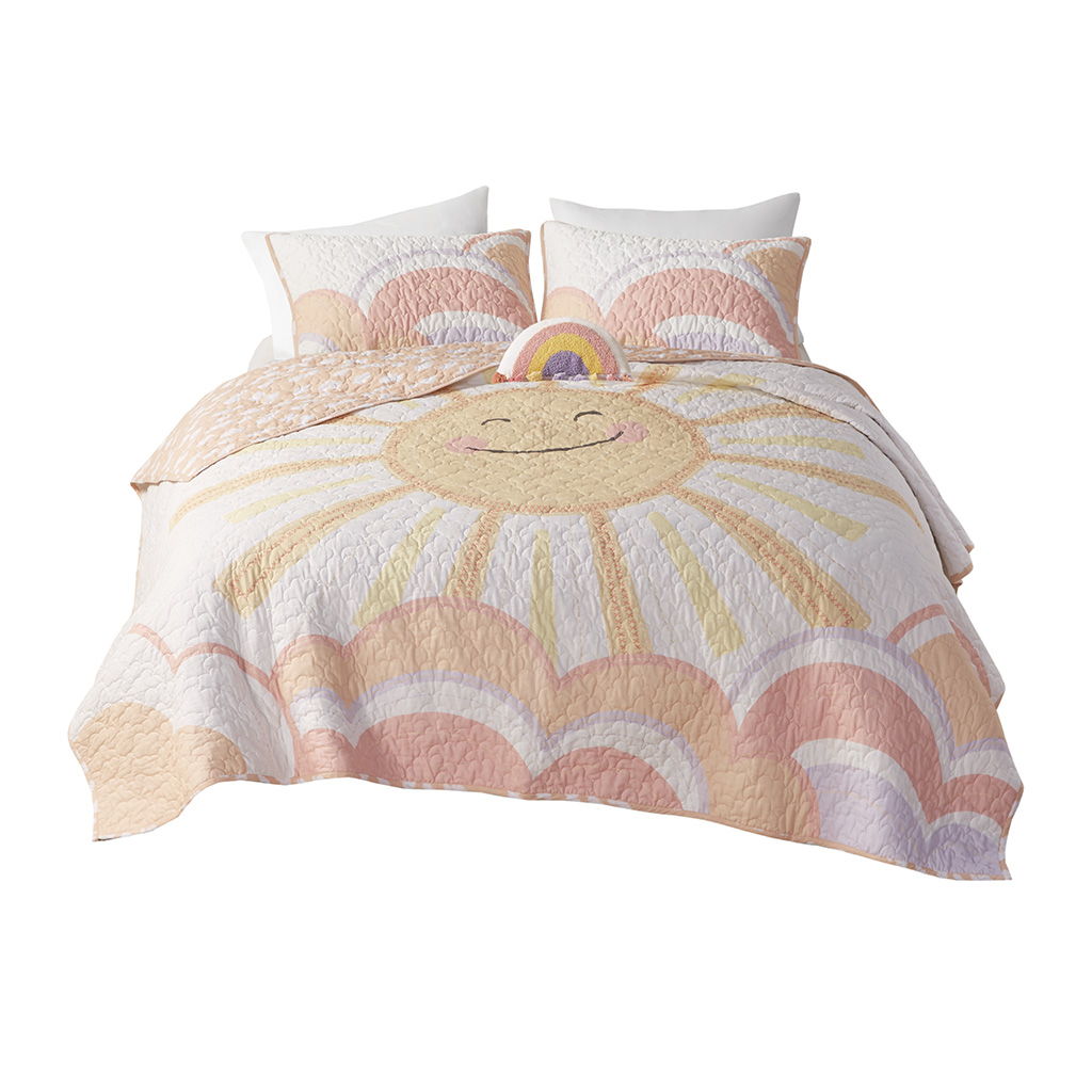 Dawn - Twin Sunshine Printed Reversible Coverlet Set - Yellow / Coral
