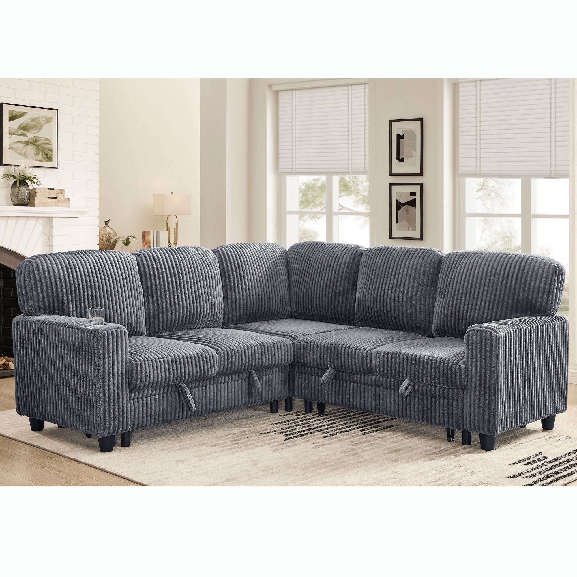 L-Shaped Sofa With Pull Out Sofa Bed With USB