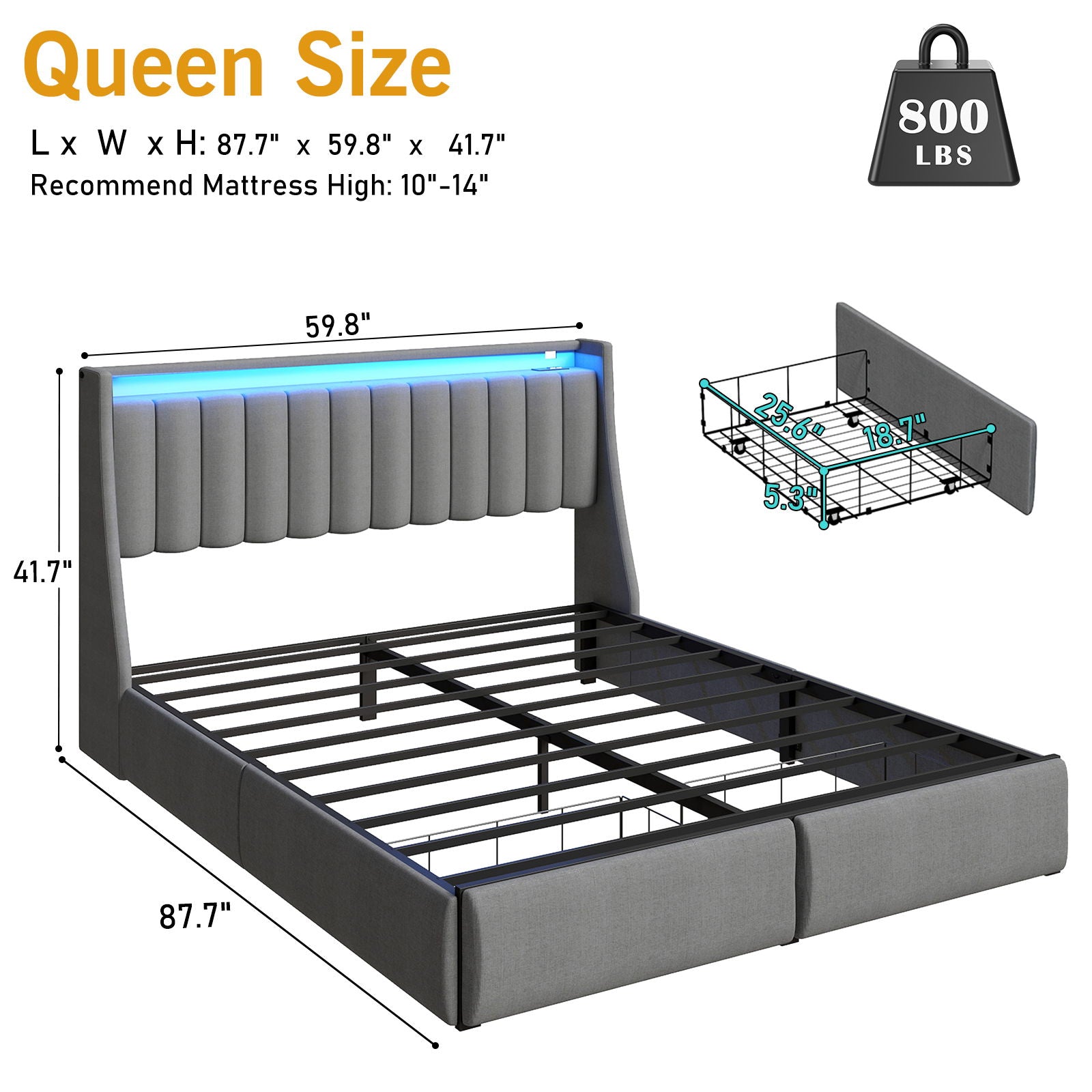Upholstered Platform Bed Frame With RGB LED Lights, Charging Station & 2 Underbed Drawers