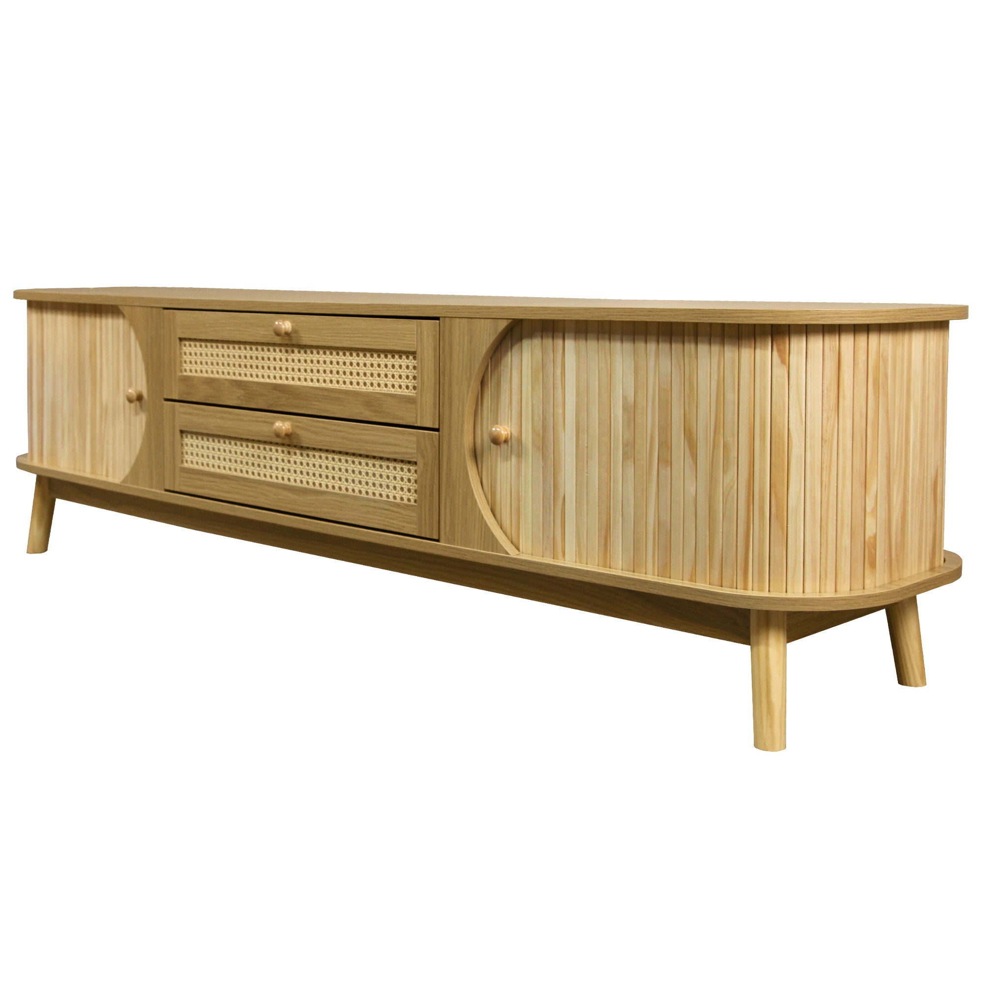 Rattan TV Stand For Tvs Up To 75'', Modern Farmhouse Media Console, Entertainment Center With Legs, TV Cabinet For Living Room, Home Theatre - Natural Wood