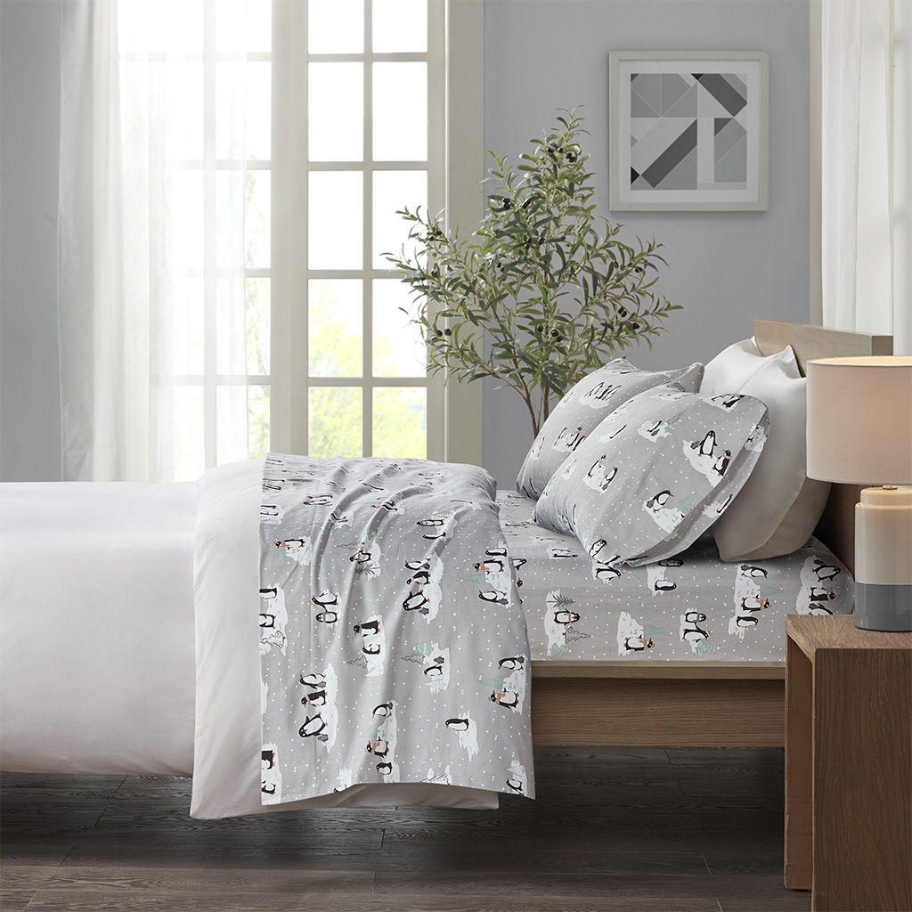Cozy Flannel - King Printed Sheet Set - Gray Penguins