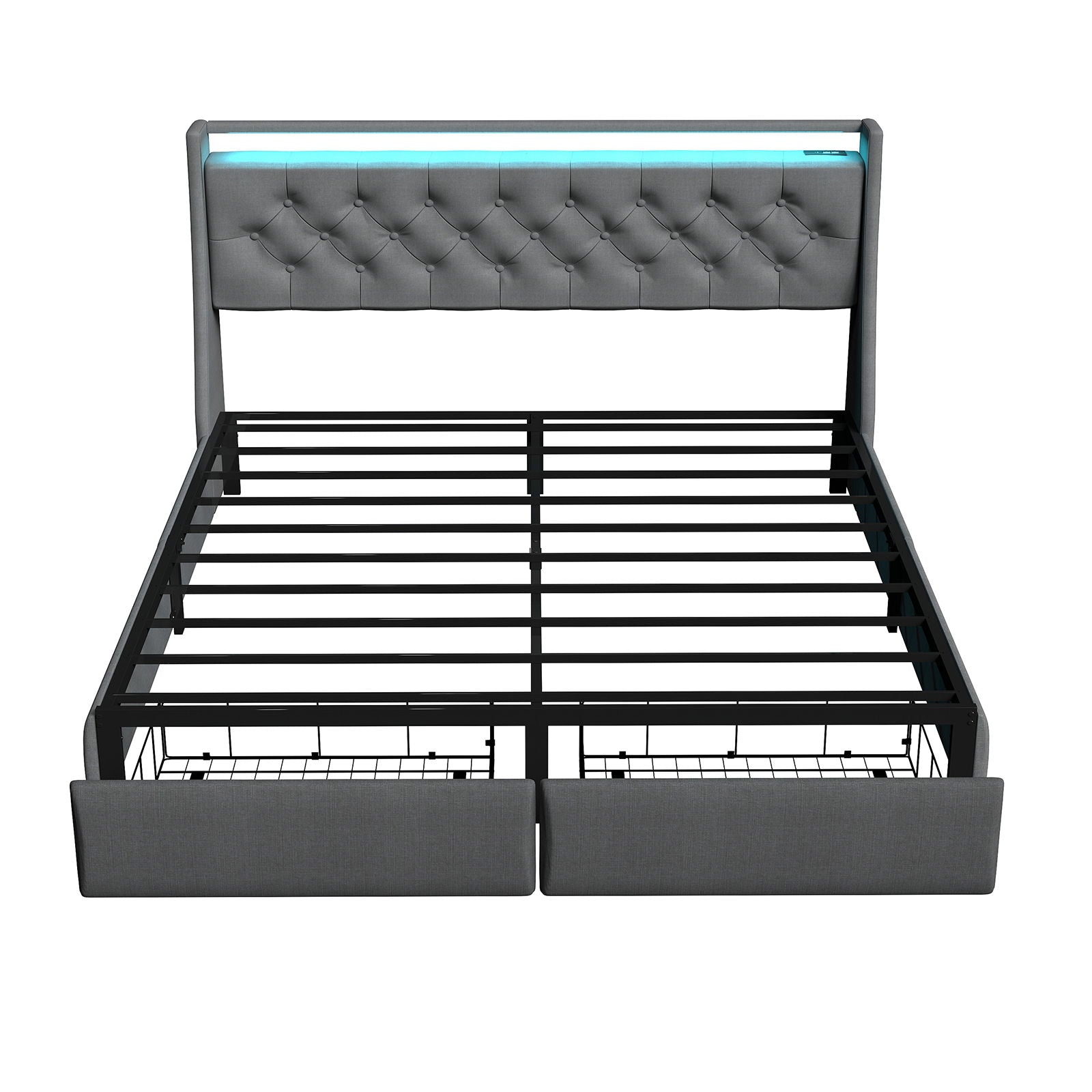 Floating Bed Frame With Rgb LED Light, 2 Storage Drawers & Headboard Shelf
