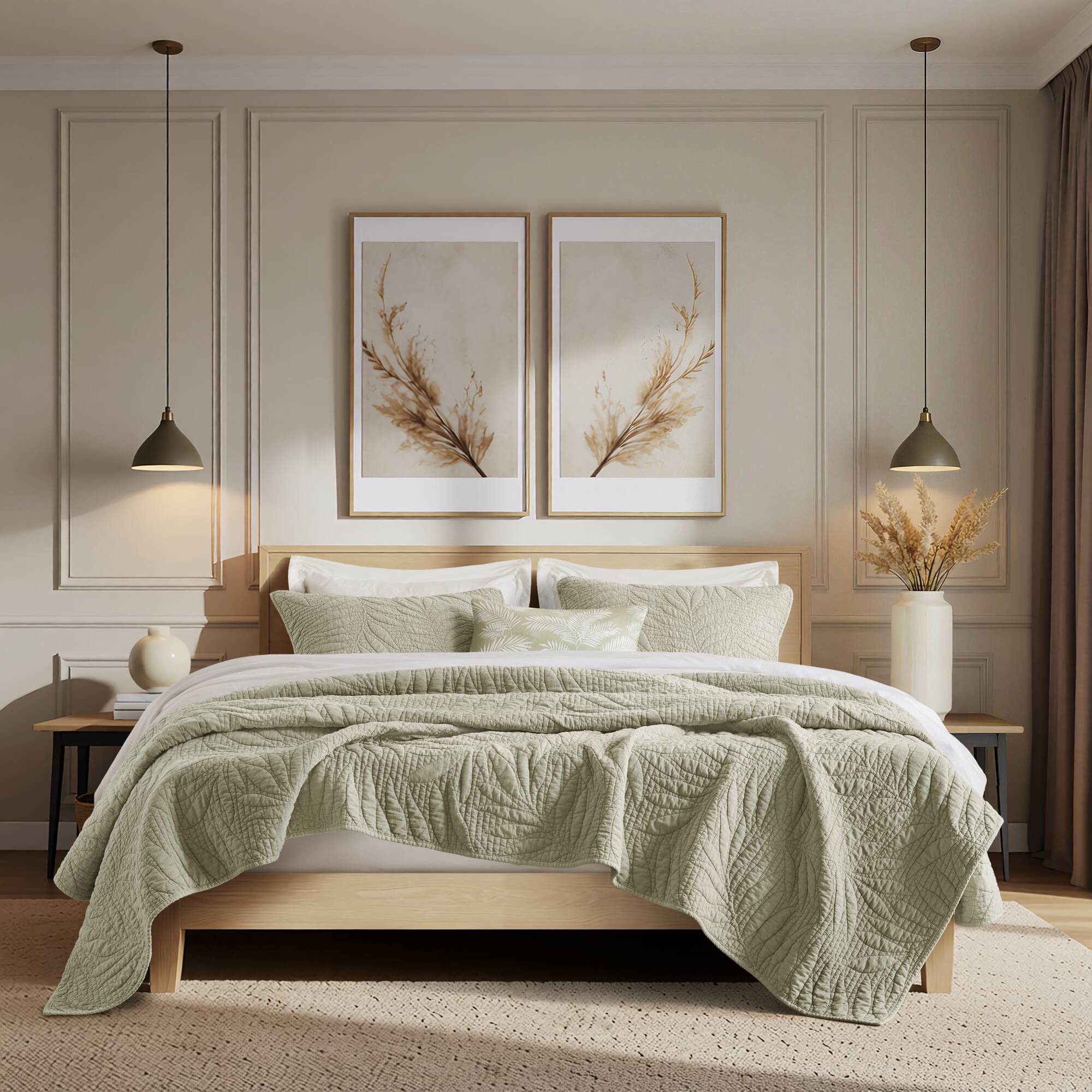 Botanical Leaves - 3 Piece King Quilt Set - Sage
