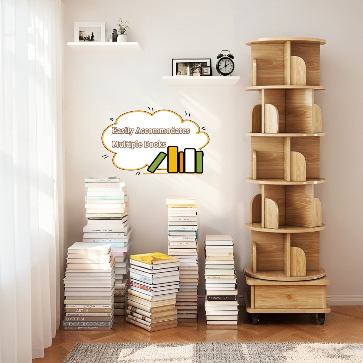 6 Tier Rotating Bookshelf With Wheels And Drawer, 360° Spinning Design, Space Saving Storage, For Home - Wood