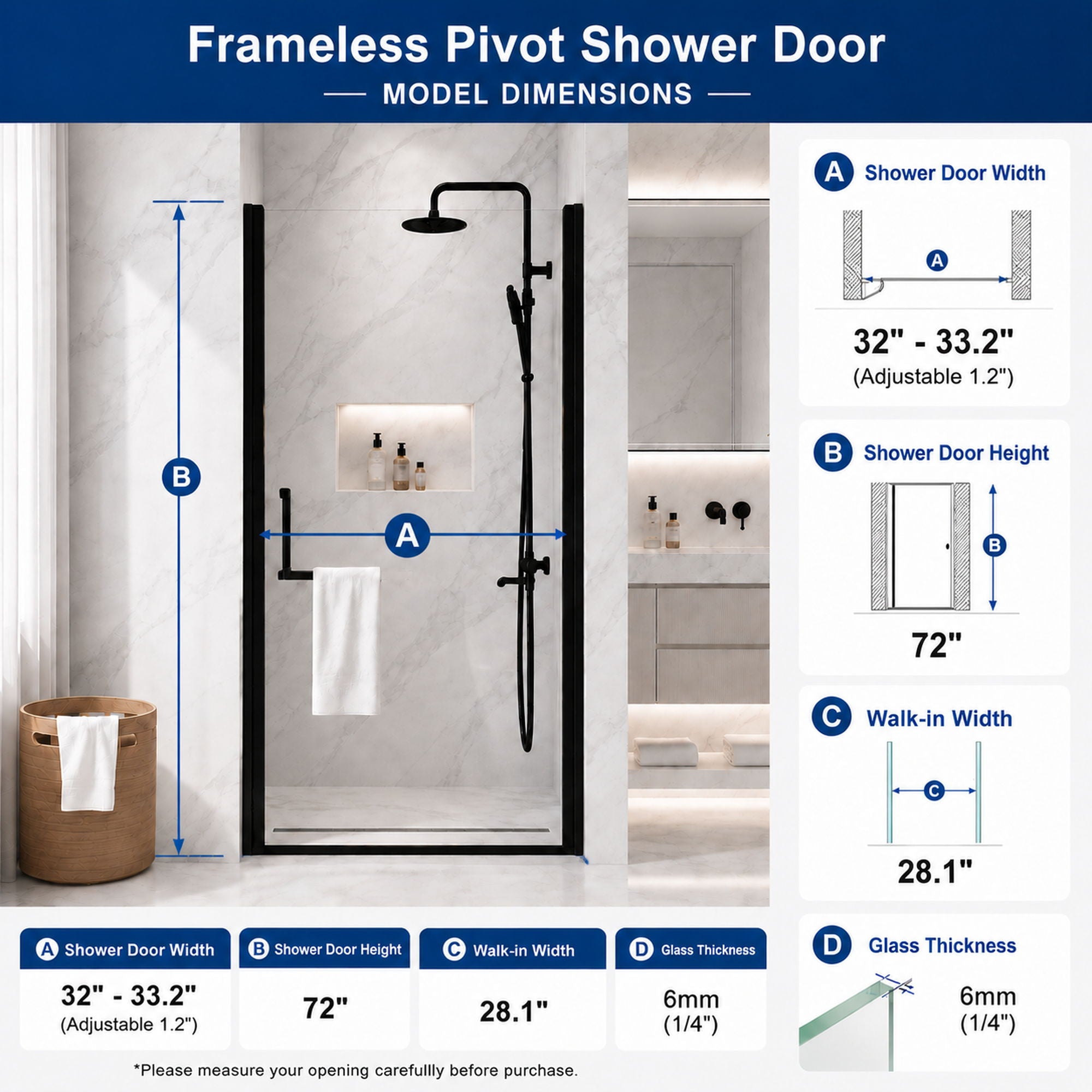 Semi-Frameless Pivot Shower Door With Adjustable Width, Reversible Installation