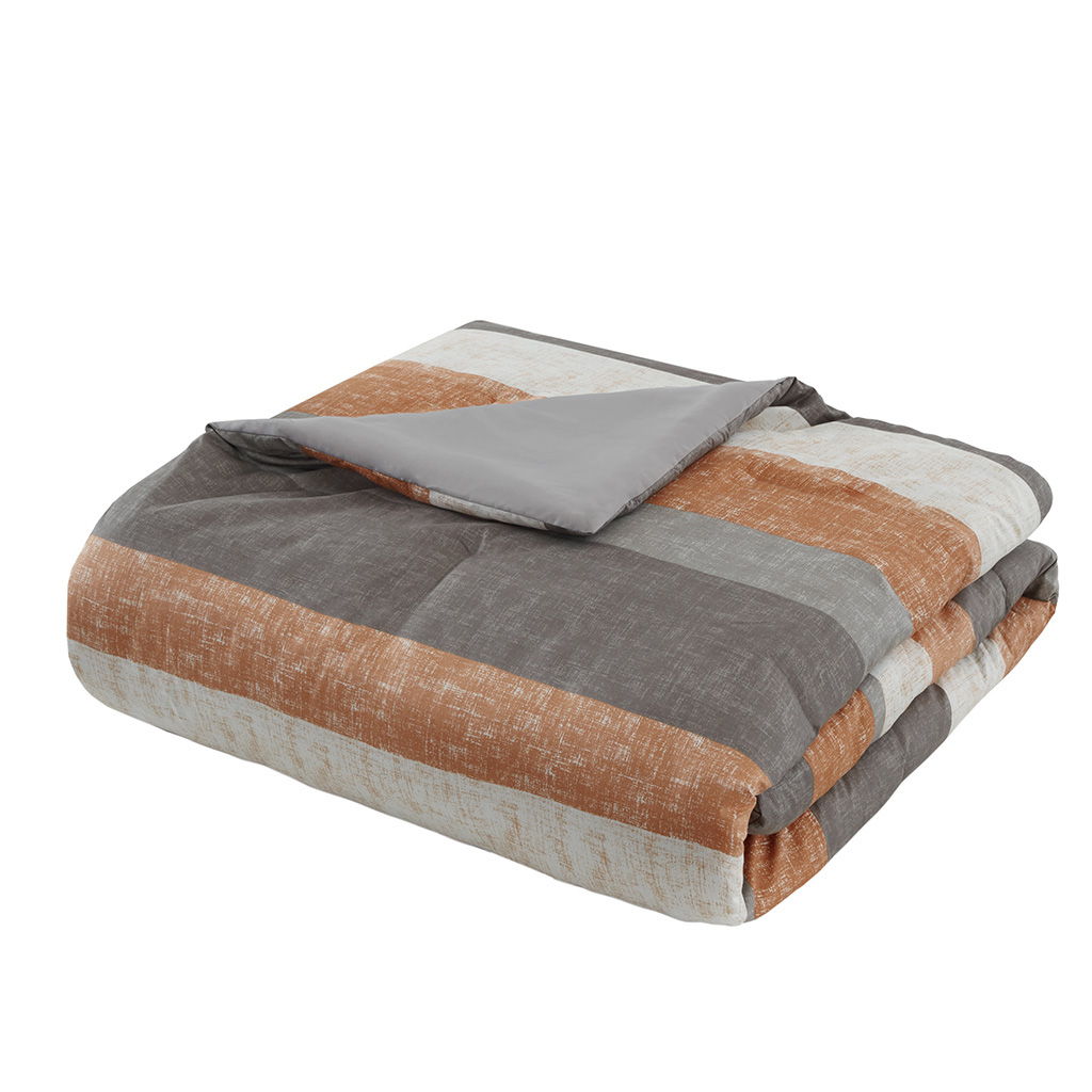 Jaxon - 7 Piece California King Stripe Comforter Set With Bed Sheets - Coral / Gray
