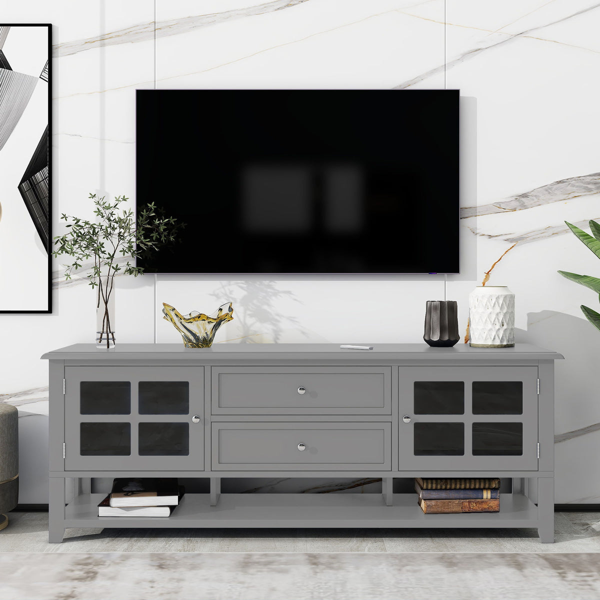 TV Stand For TVs Up To 60", Entertainment Center With Dual Drawers And Hidden Storage, Cabinet With Soft Closing Doors - Gray