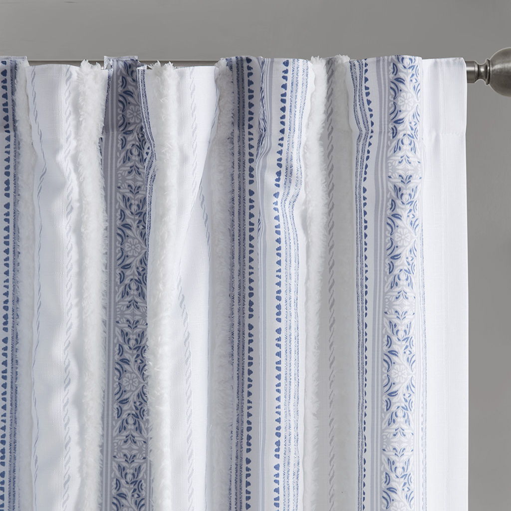 Veronica - 50x95" Poly Printed Curtain Panel With Tufted Stripe And Lining - White / Navy