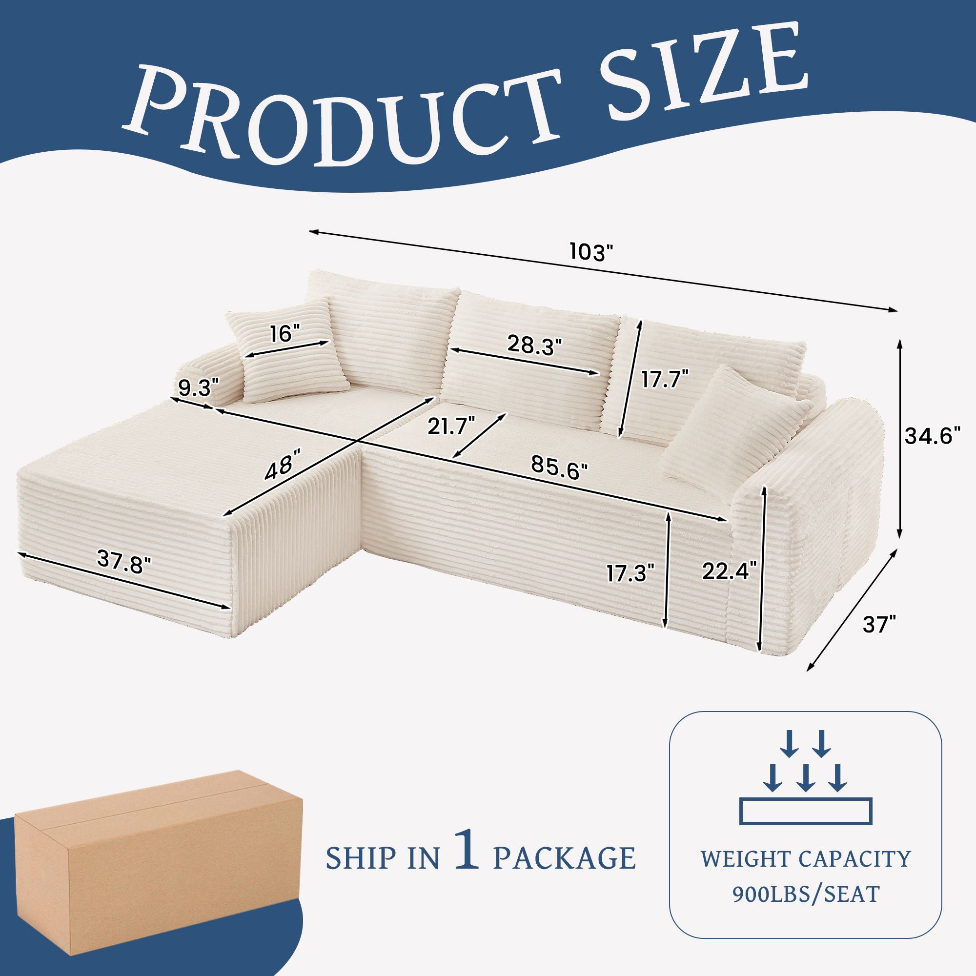 Modular Sectional With Arched Armrests, Includes 3 Back Cushions & 2 Throw Pillows