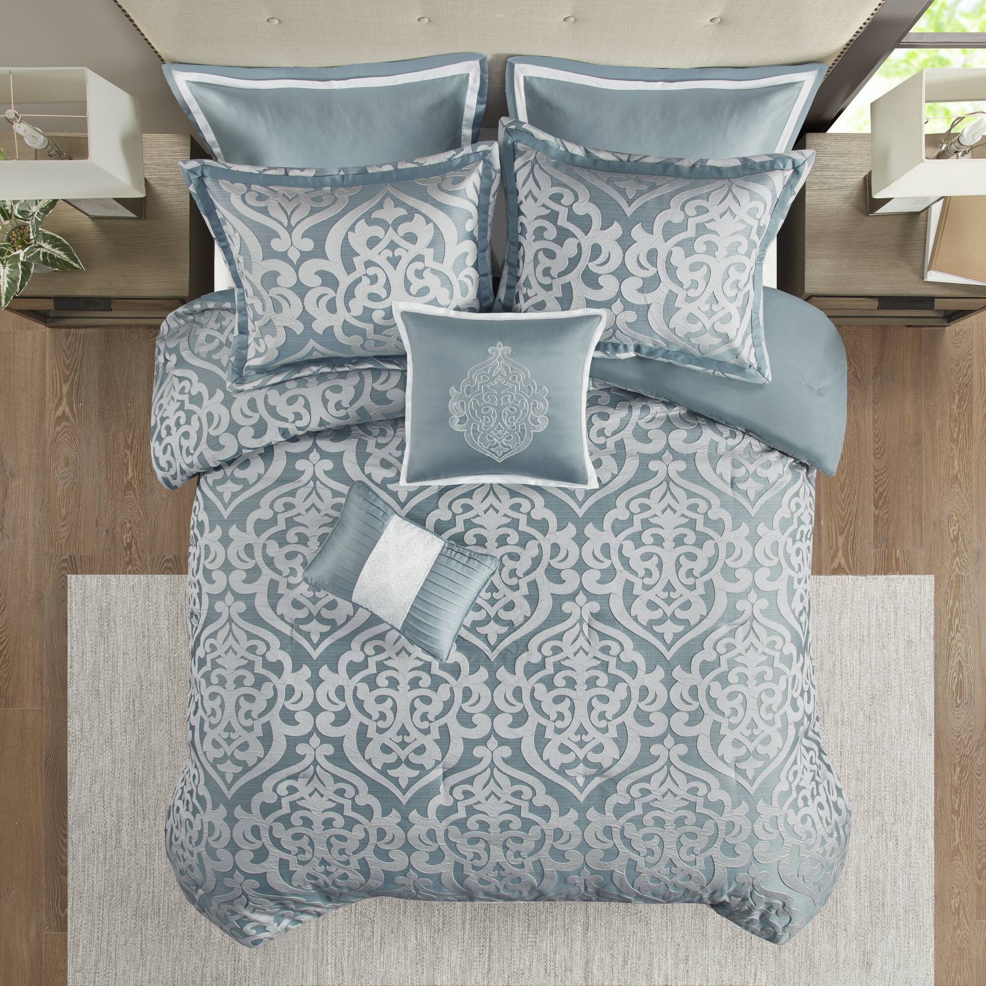 Odette - 8 Piece Jacquard Comforter Set - Light Blue