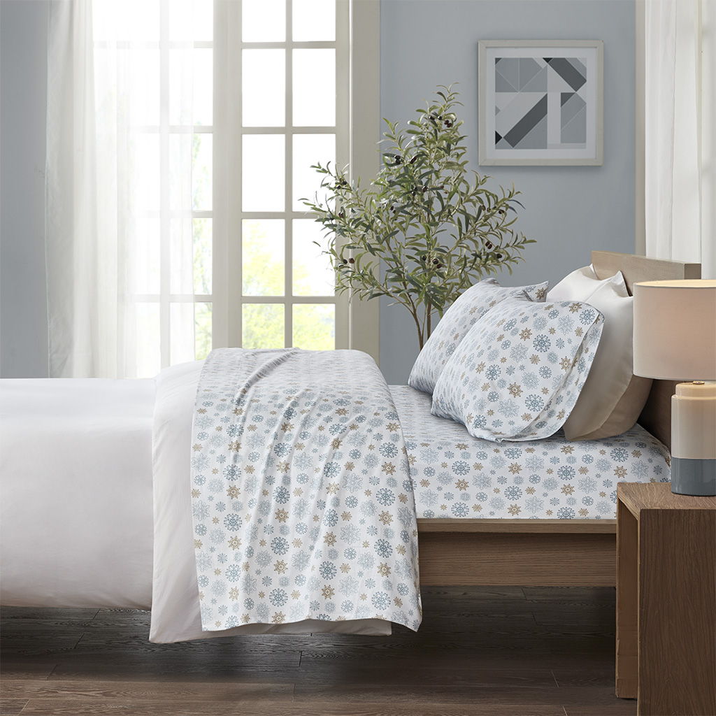Cozy Flannel - Sheet Set - Tan / Blue Snowflakes