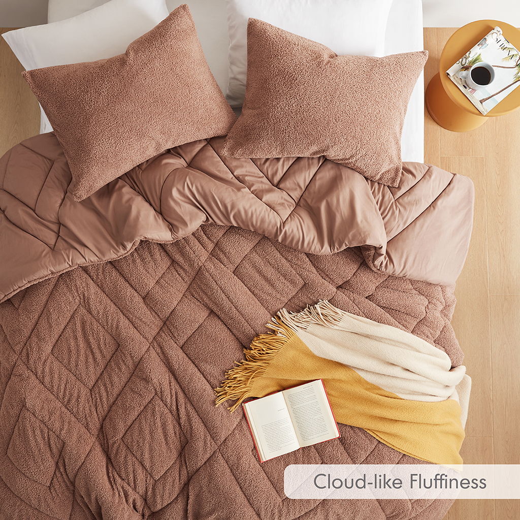 Kyla - Full/Queen Double Diamond Quilted Teddy Comforter Set - Brown