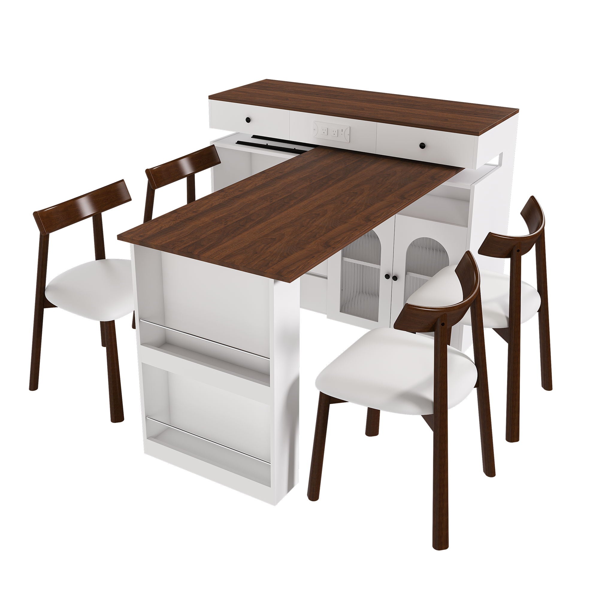 Retro Kitchen Island Set With Chairs, Extendable & Rotating Table, 4 Drawers & Door Cabinets