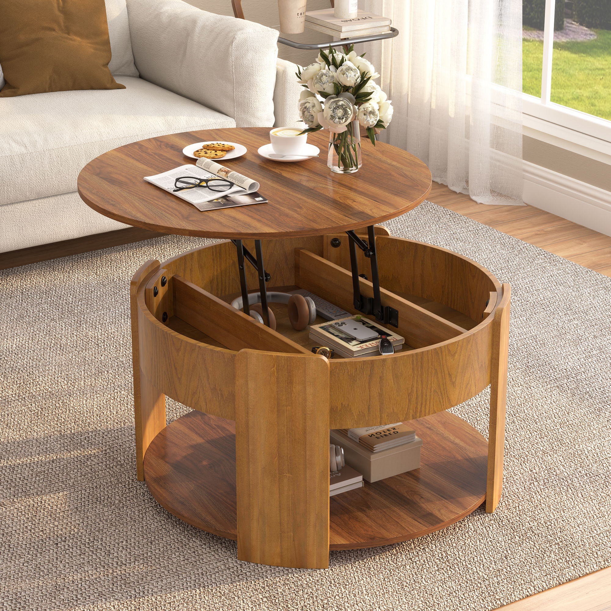 Round Lift Top Coffee Table With Hidden Storage