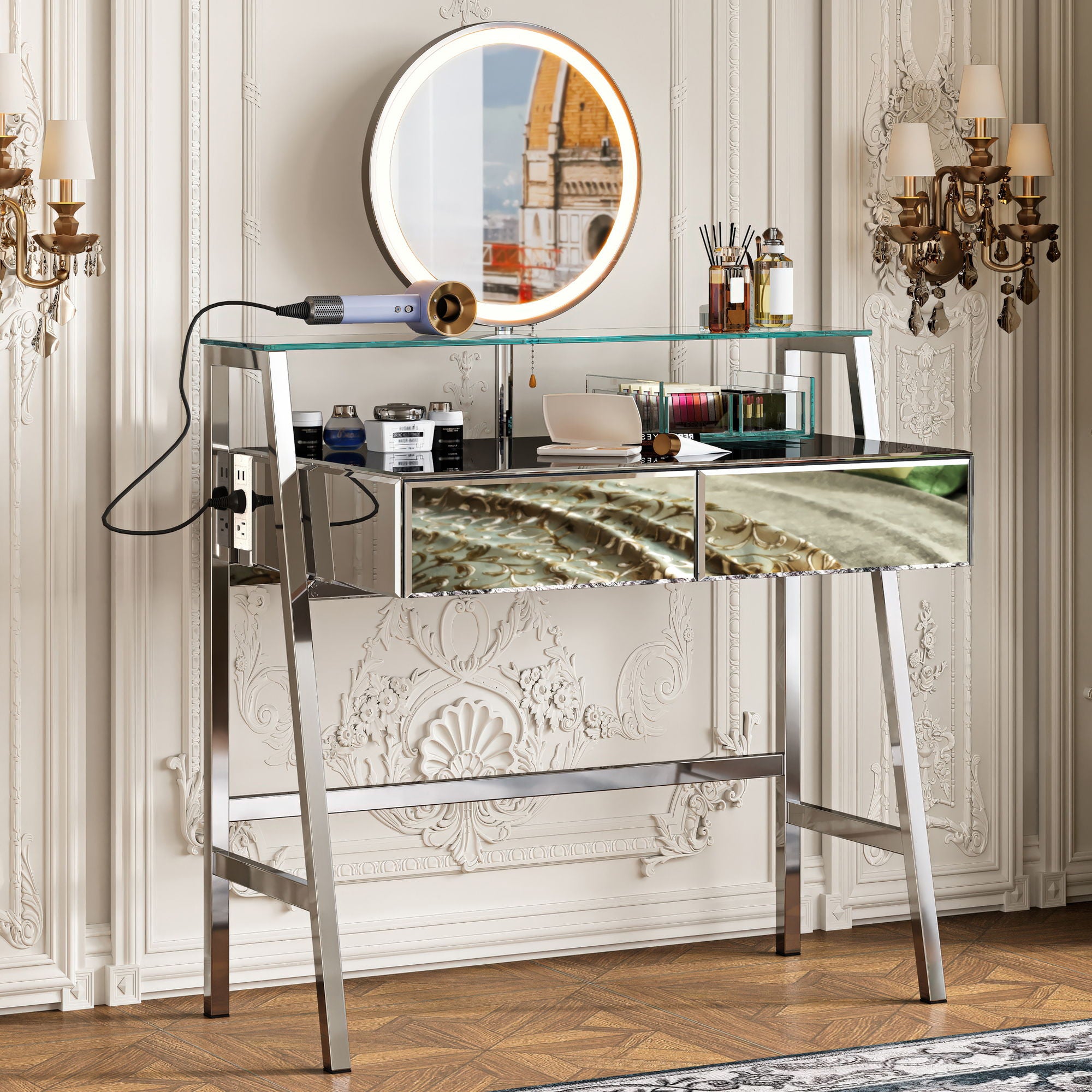 33.9" Mirrored Makeup Vanity Desk With Mirror And Lights, Mirrored Console Vanity Table With 2 Big Drawers & Open Shelf, Dressing Table With Charging Station For Bedroom - Silver