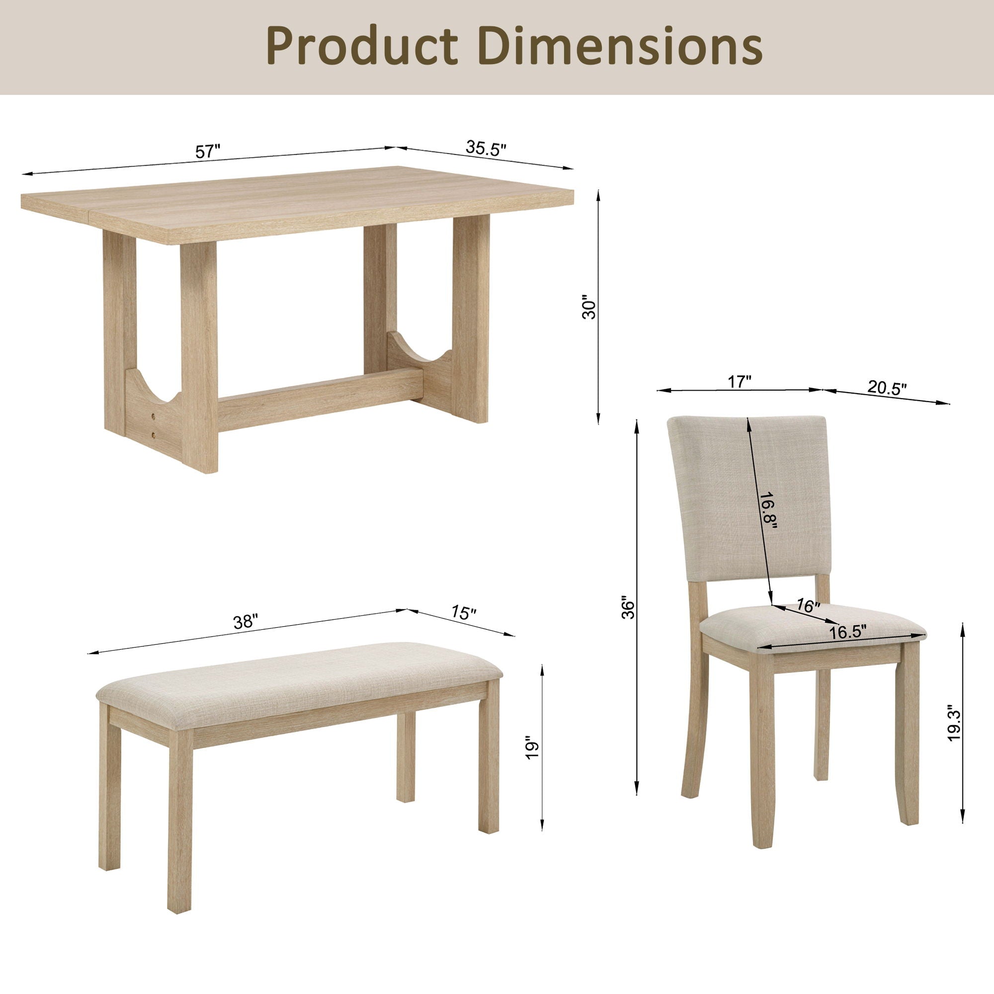 6 Piece Rectangular Kitchen Table Set With Bench And 4 Upholstered Chairs For Kitchen - Light Oak