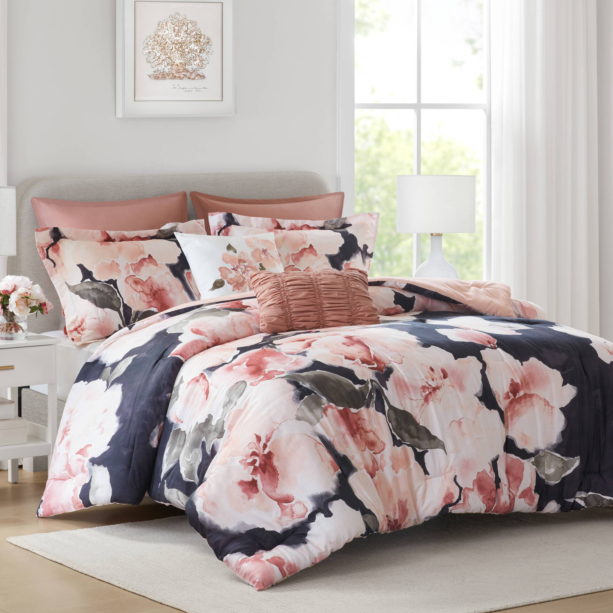 Shanti - 7 Piece King Printed Comforter Set - Blush