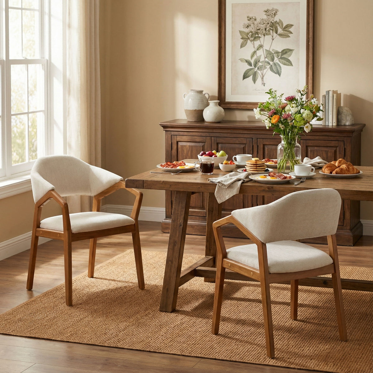 Indoor Upholstered Dining Armchair (Set of 2) - Beige / Teak
