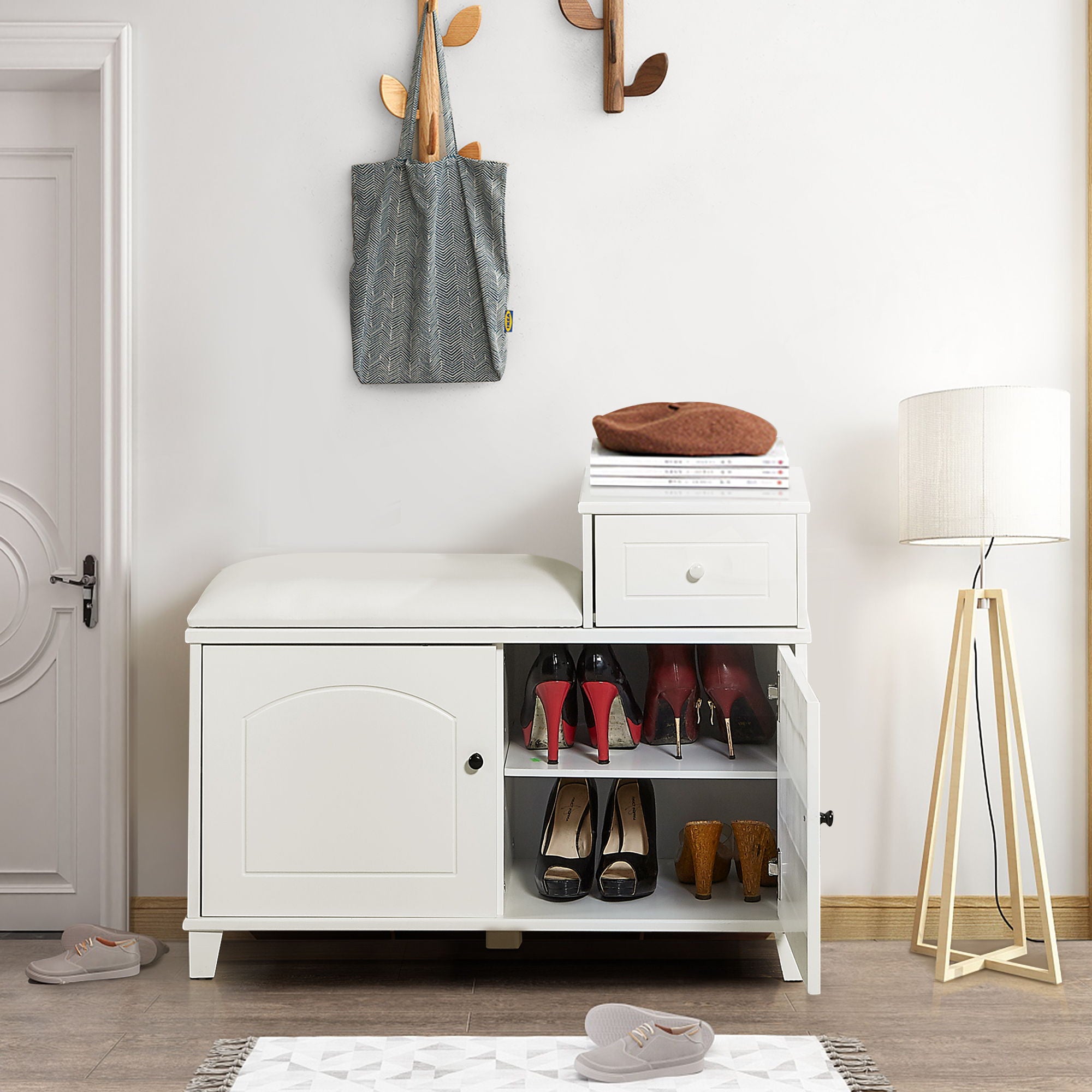 Shoe Storage Bench Cabinet With Fireproof Cushion, Double Doors And Movable Drawer For Door Entrance - White