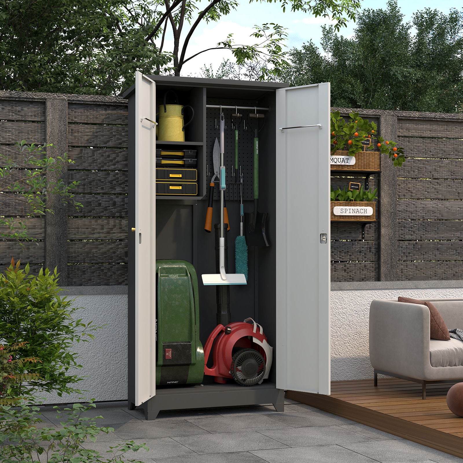 Outdoor Cabinet, Large Capacity Storage Vertical Tall Design With Shelves And Secure Lock