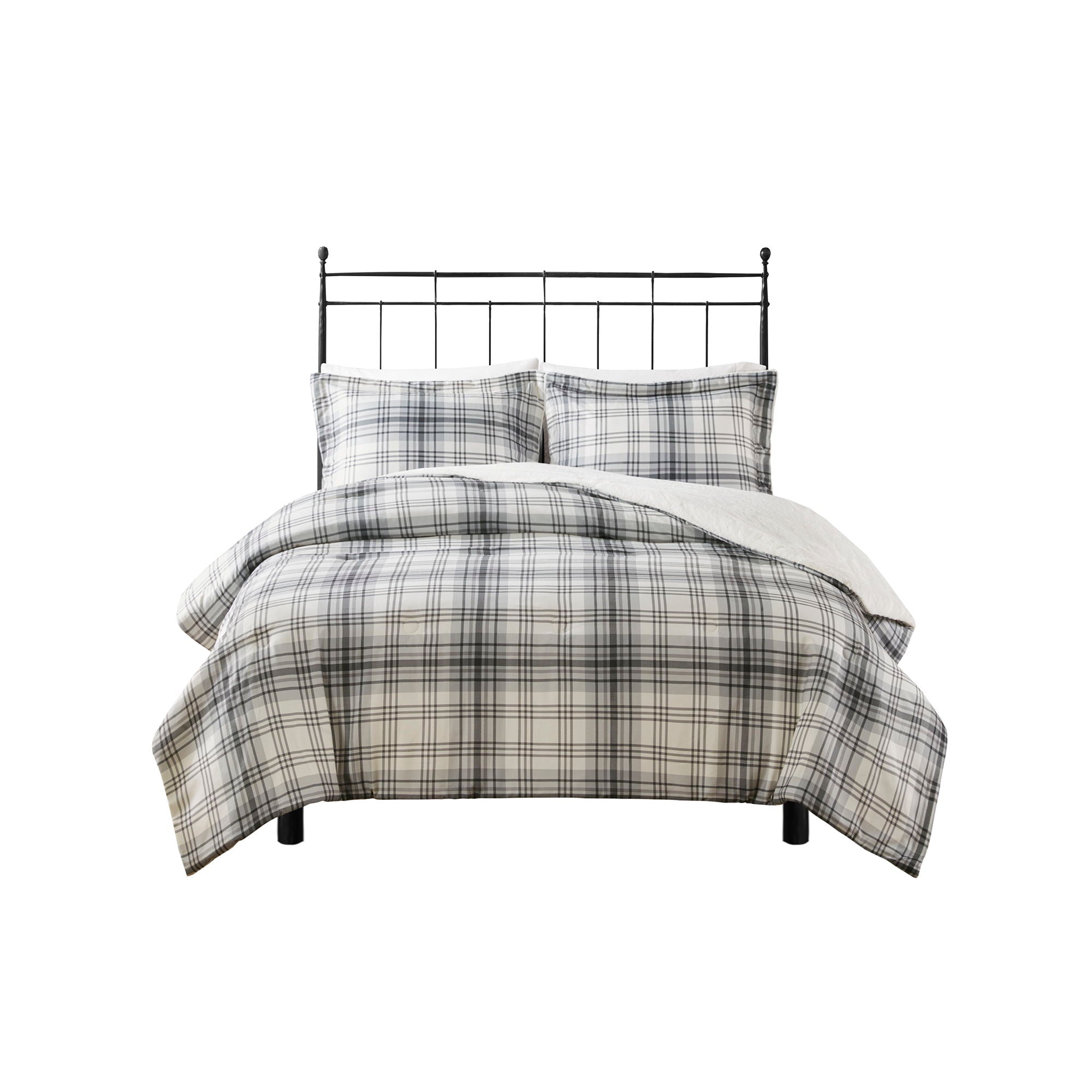 Bernston - Faux Wool to Faux Fur Down Alternative Comforter Set - Gray Plaid