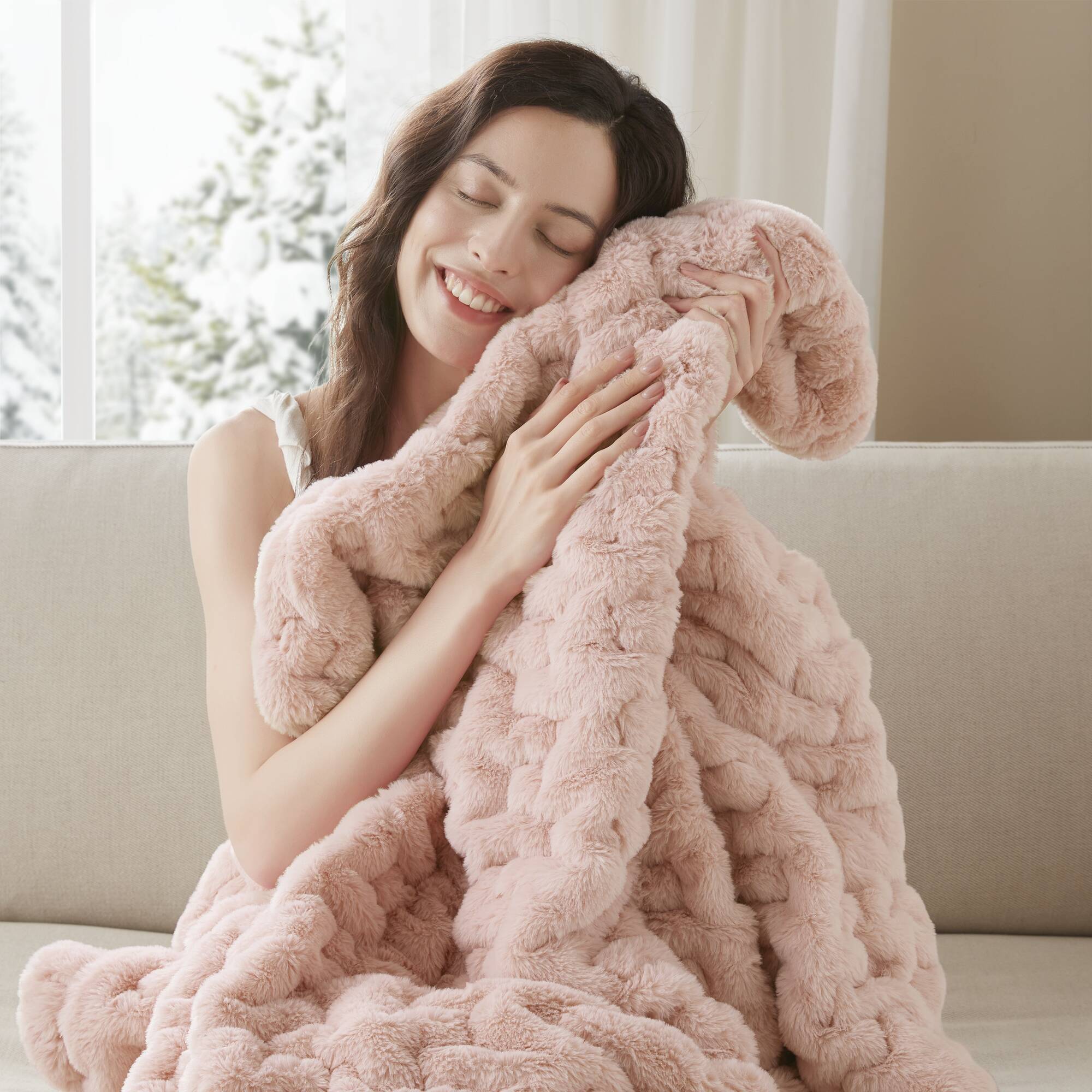 Ruched Fur - Ruched Throw - Blush