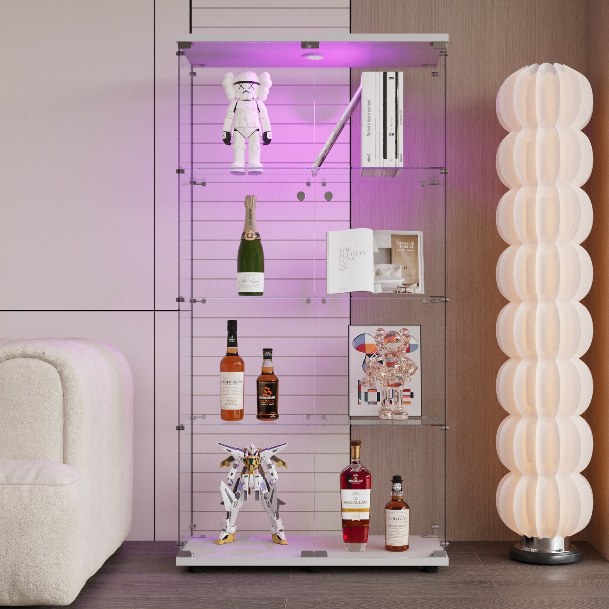 Two-door LED lights Glass Display Cabinet 4 Shelves with Door, Floor Standing Curio Bookshelf for Living Room Bedroom Office, 64.7"*31.7"*14.3", White