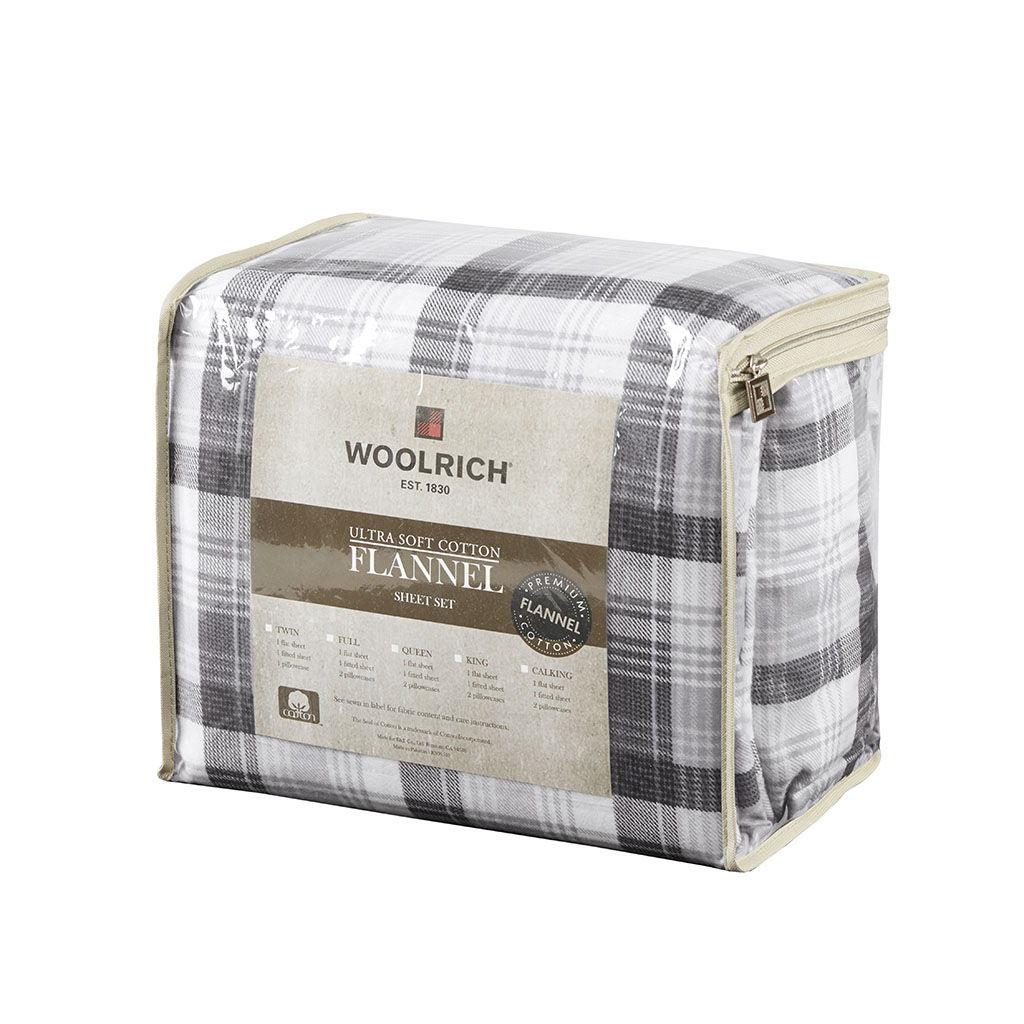 Flannel - King Sheet Set Cotton - Gray Plaid