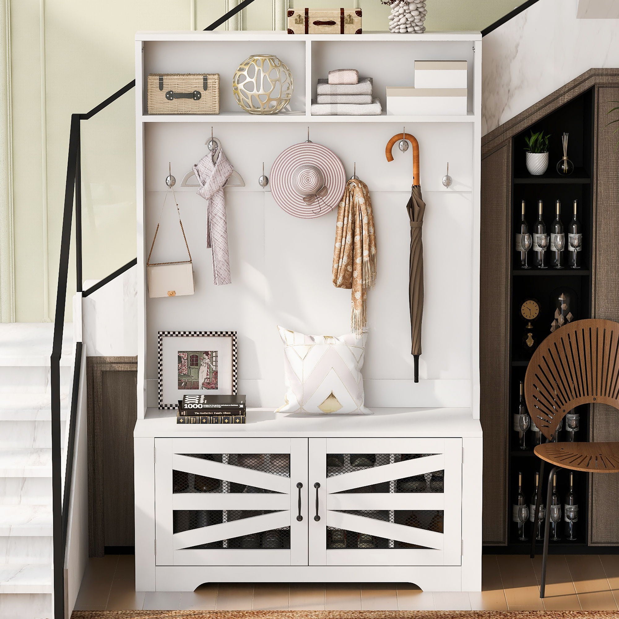 Entryway Bench With Coat Rack, 3 In 1 Design And Adjustable Shelves