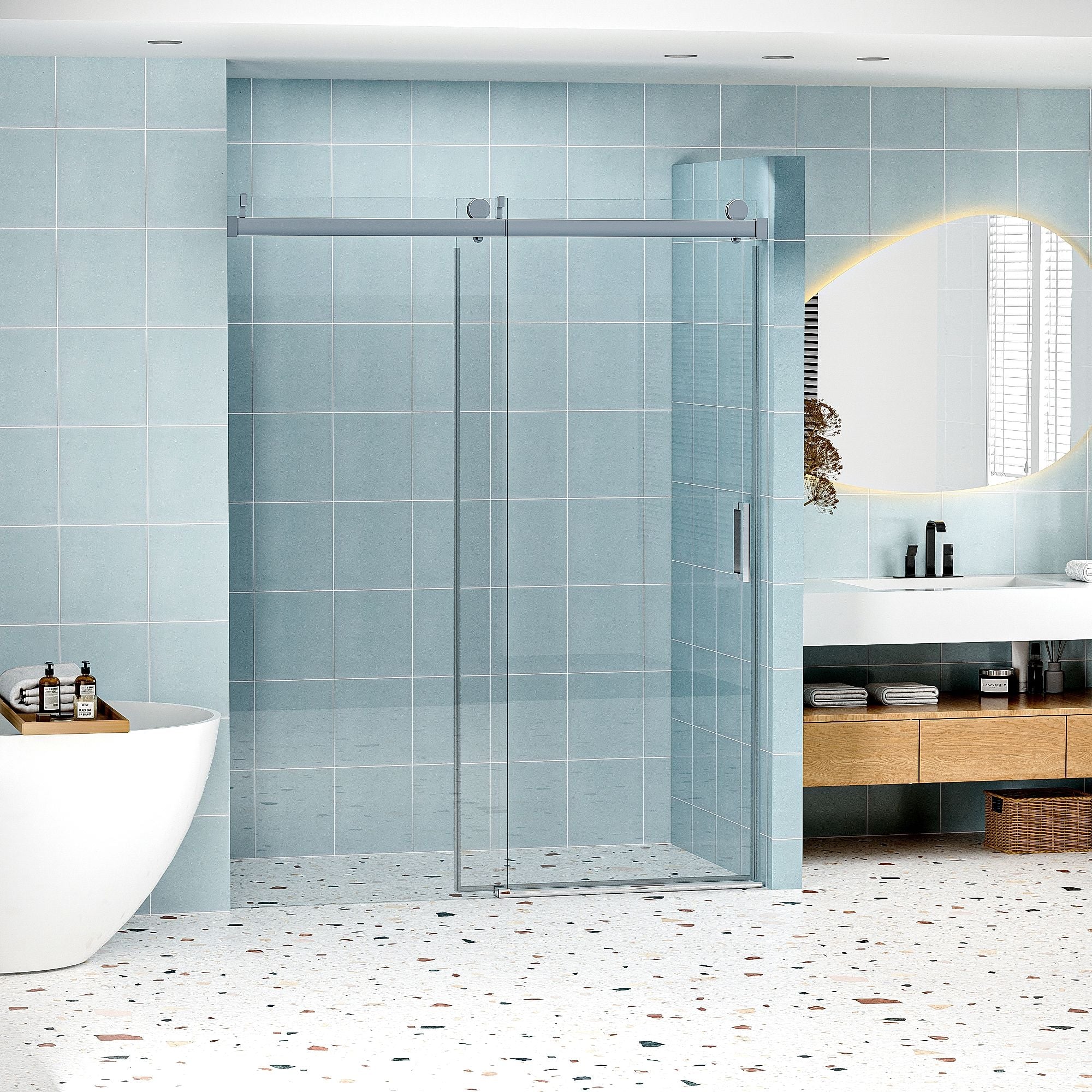 Frameless Soft Closing Shower Door, 1 / 4" (6Mm) Tempered Glass Single Sliding With Explosion Proof Coating - Chrome