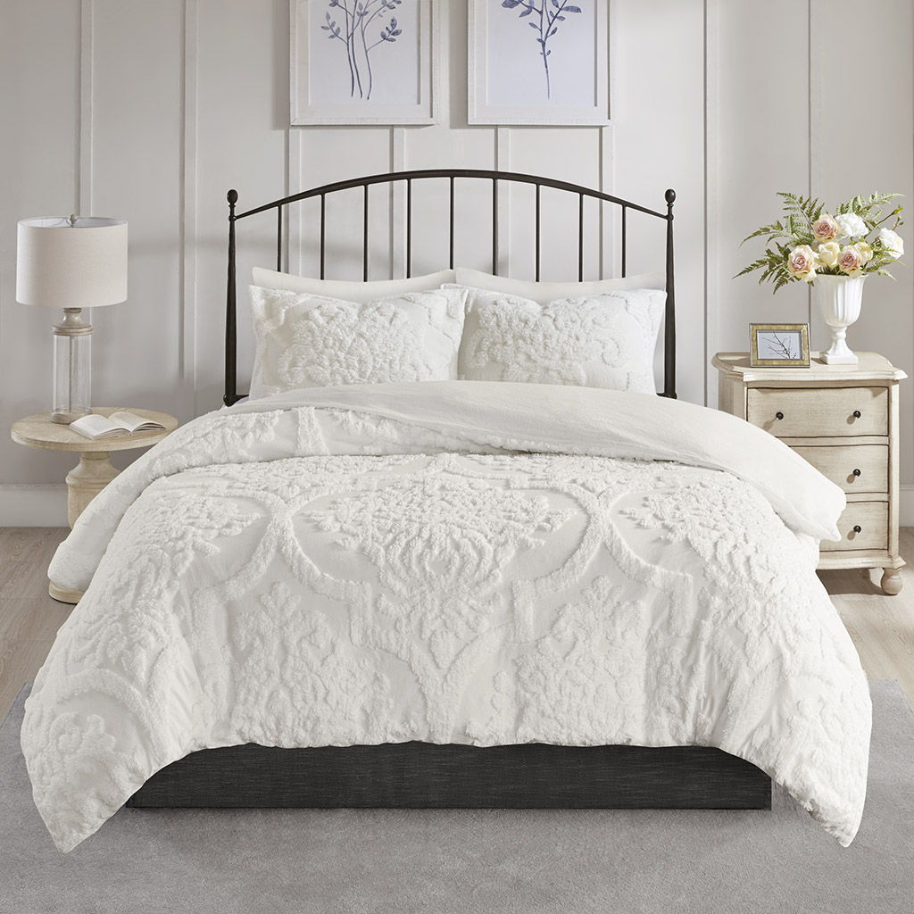 Viola - 3 Piece Tufted Damask Duvet Cover Set - Off White