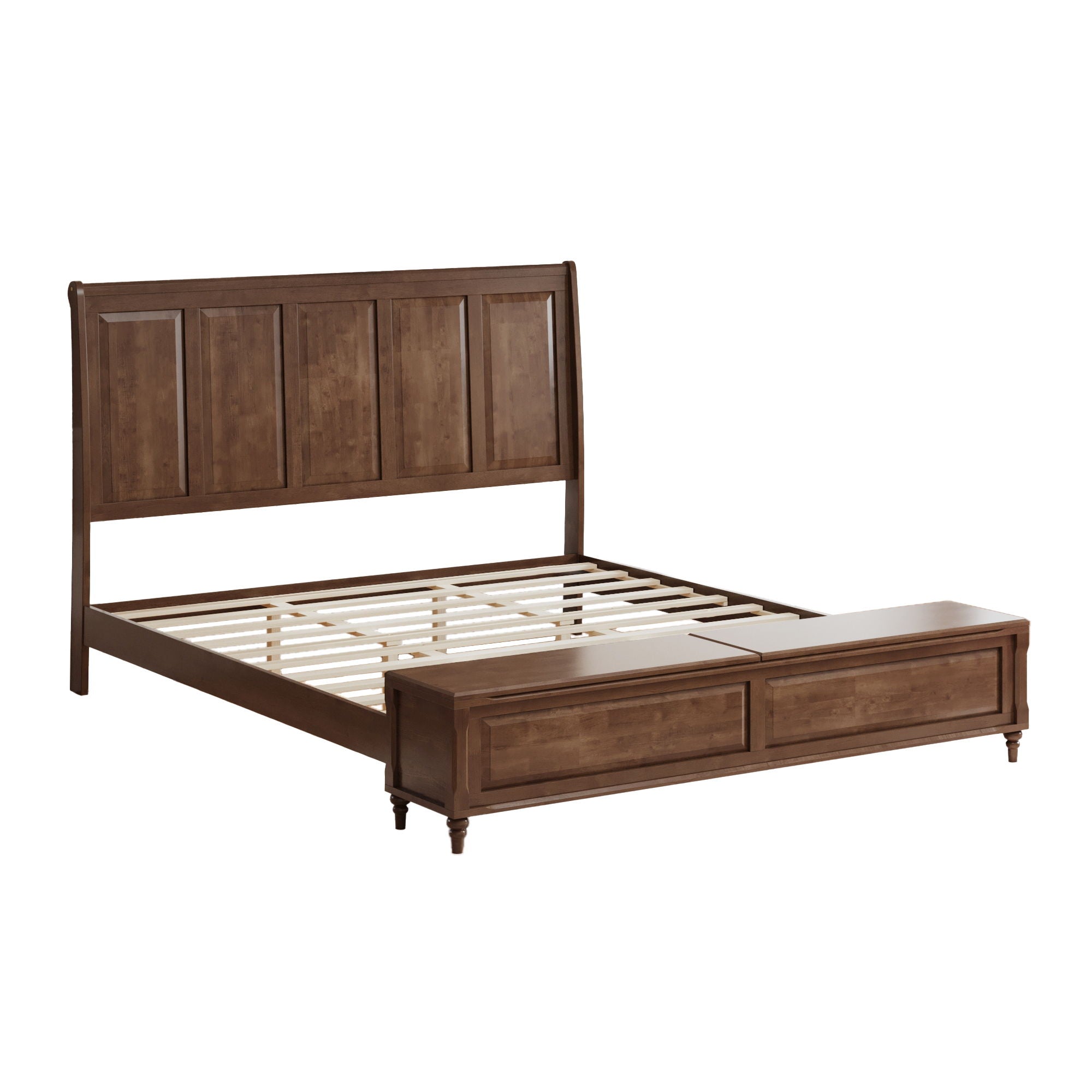 Sleigh Bed Frame With Tall Headboard And Storage Bench