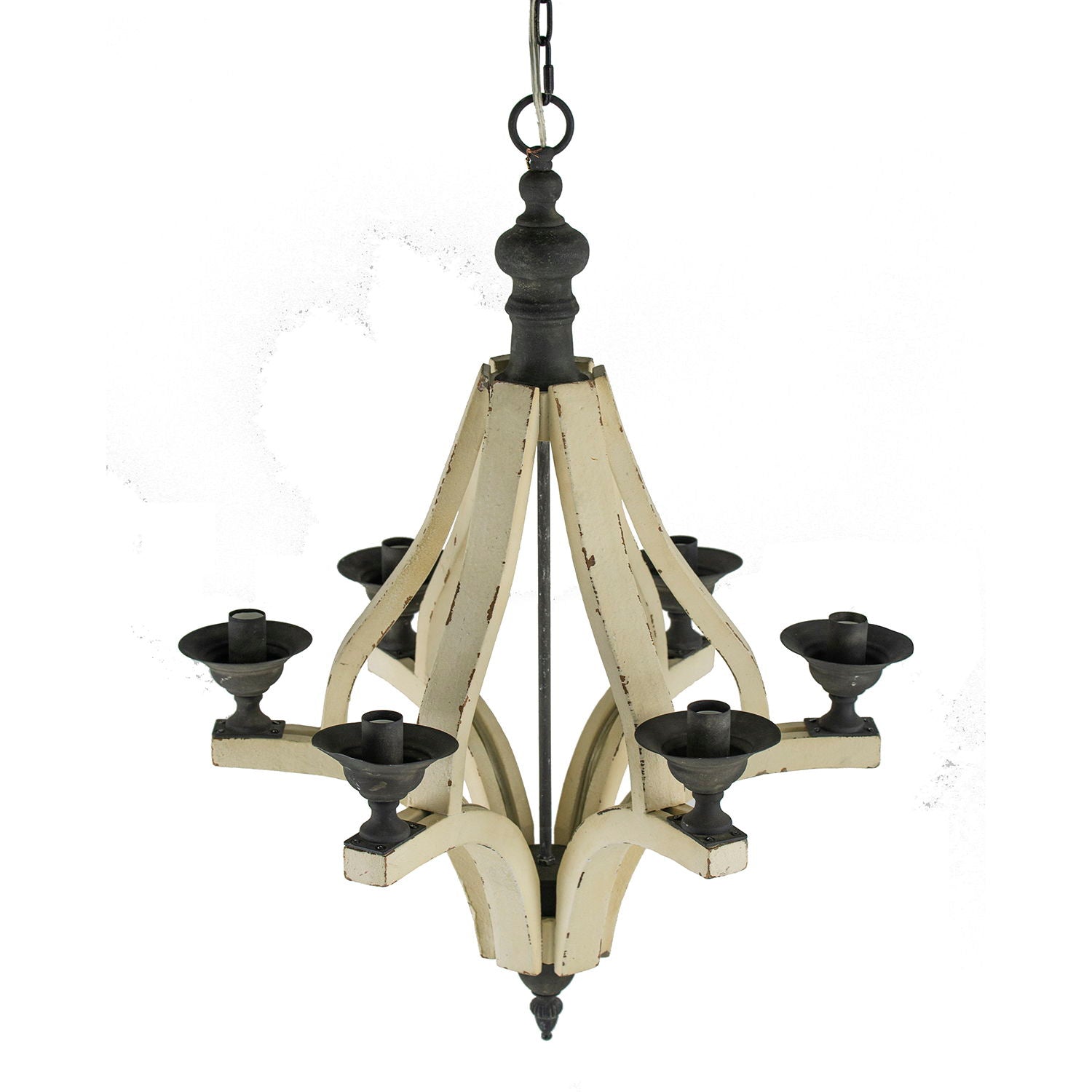 6 Light Wood Chandelier, Hanging Light Fixture With Adjustable Chain For Kitchen, Bulb Not Included - Cream