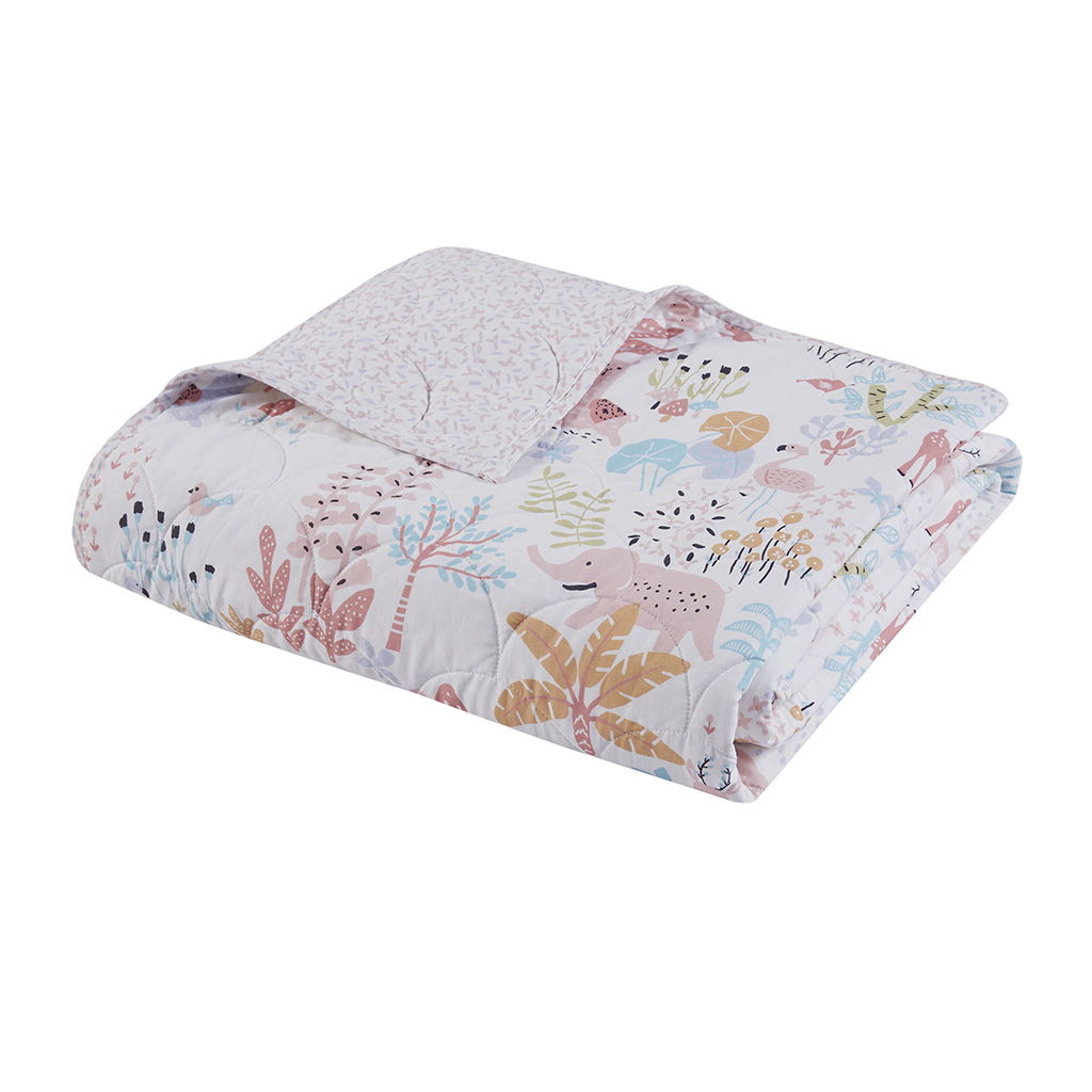 Iris - Twin Woodland Animals Reversible Cotton Quilt Set - Blush