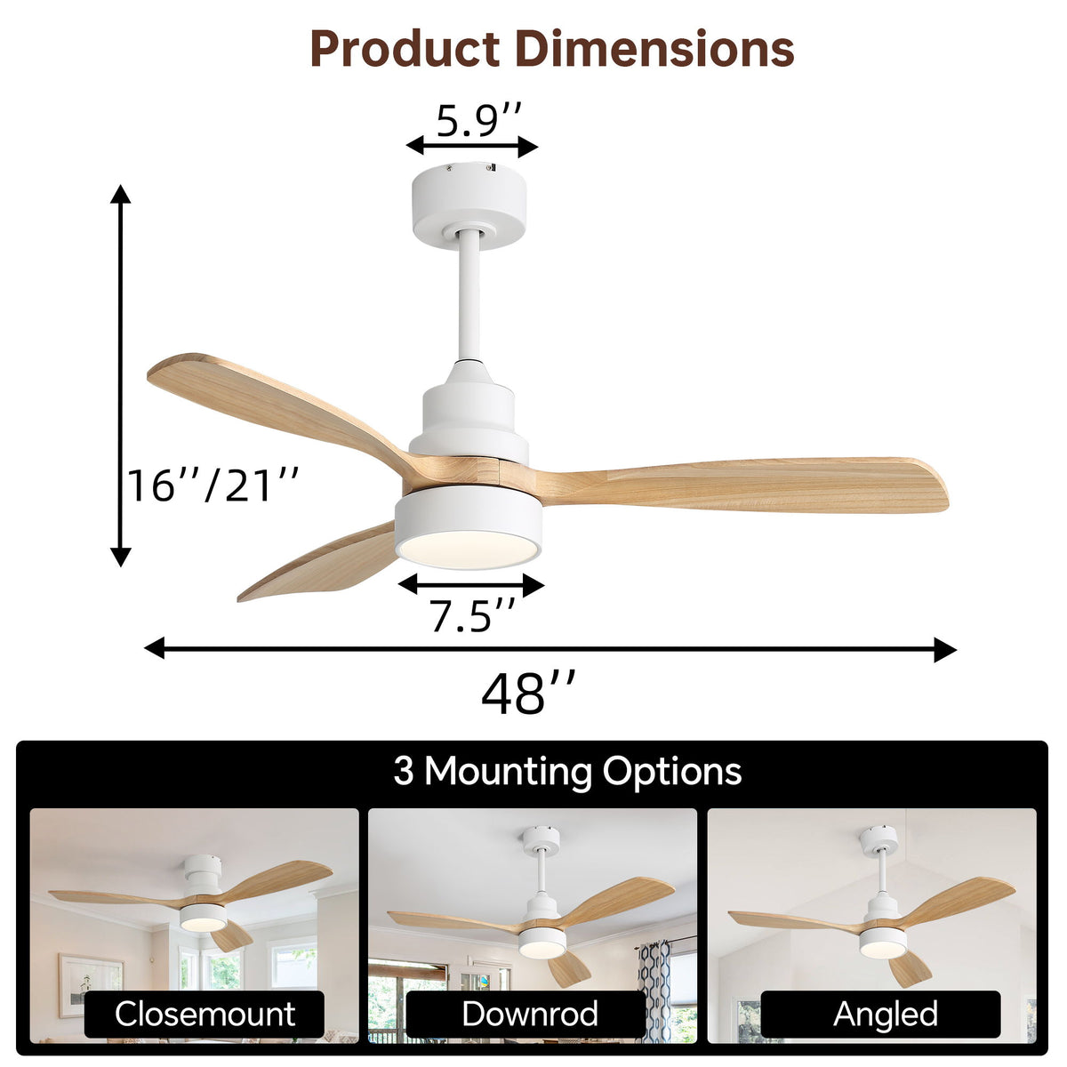 48" Ceiling Fan With Light, Dual Mount (Flush / Downrod), Dimmable LED, Quiet DC Motor, 3 Blades
