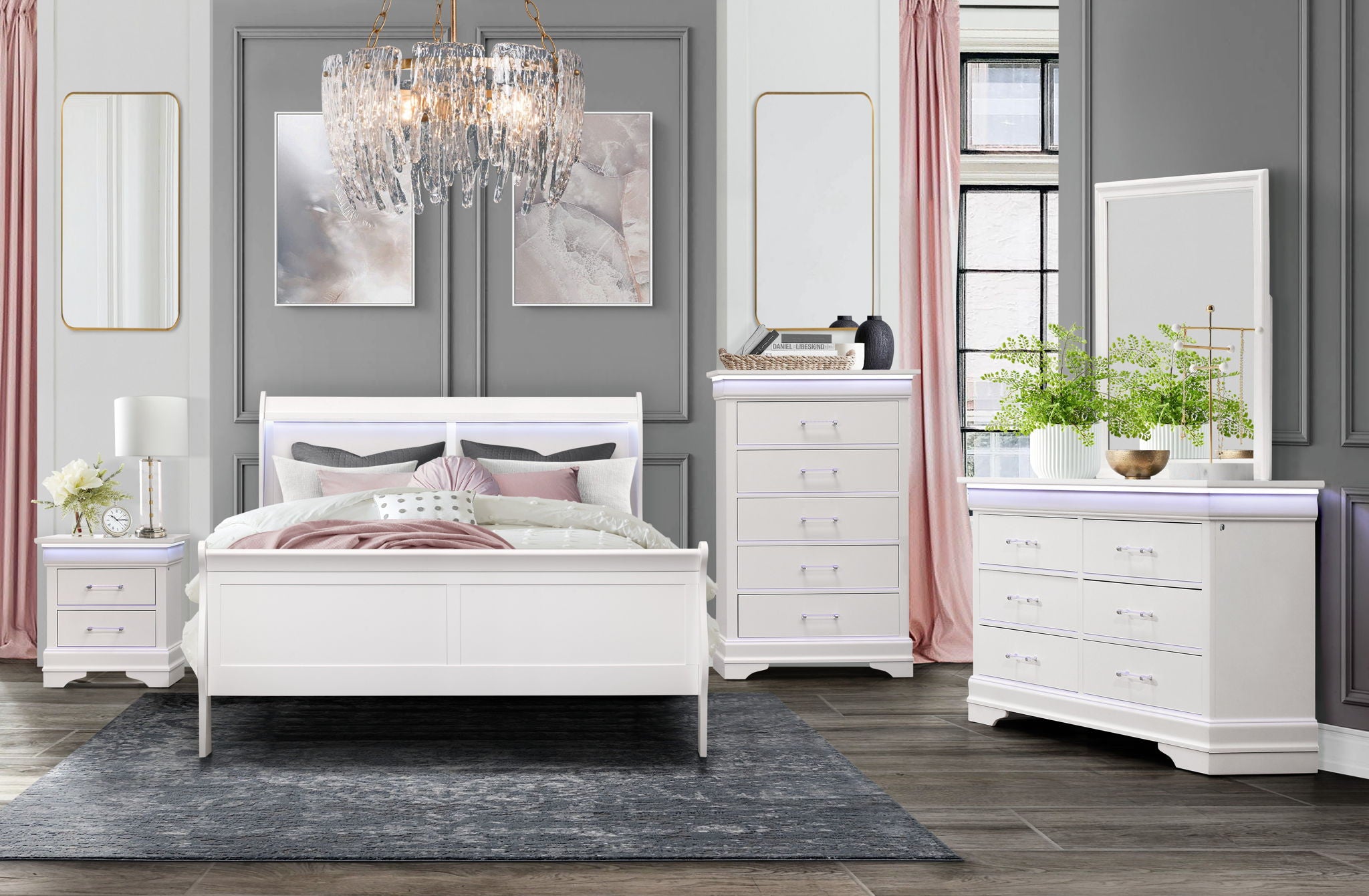 Charlie - Queen Bed Headboard With LED & Footboard - White