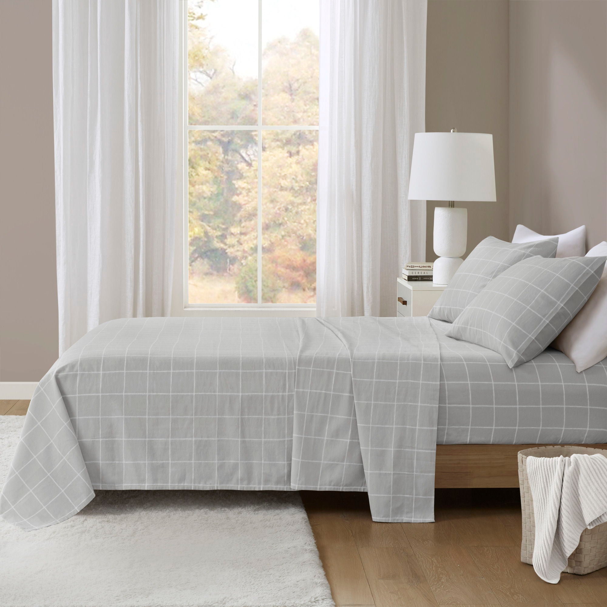 Cozy Cotton Flannel - King Printed Sheet Set - Gray Windowpane