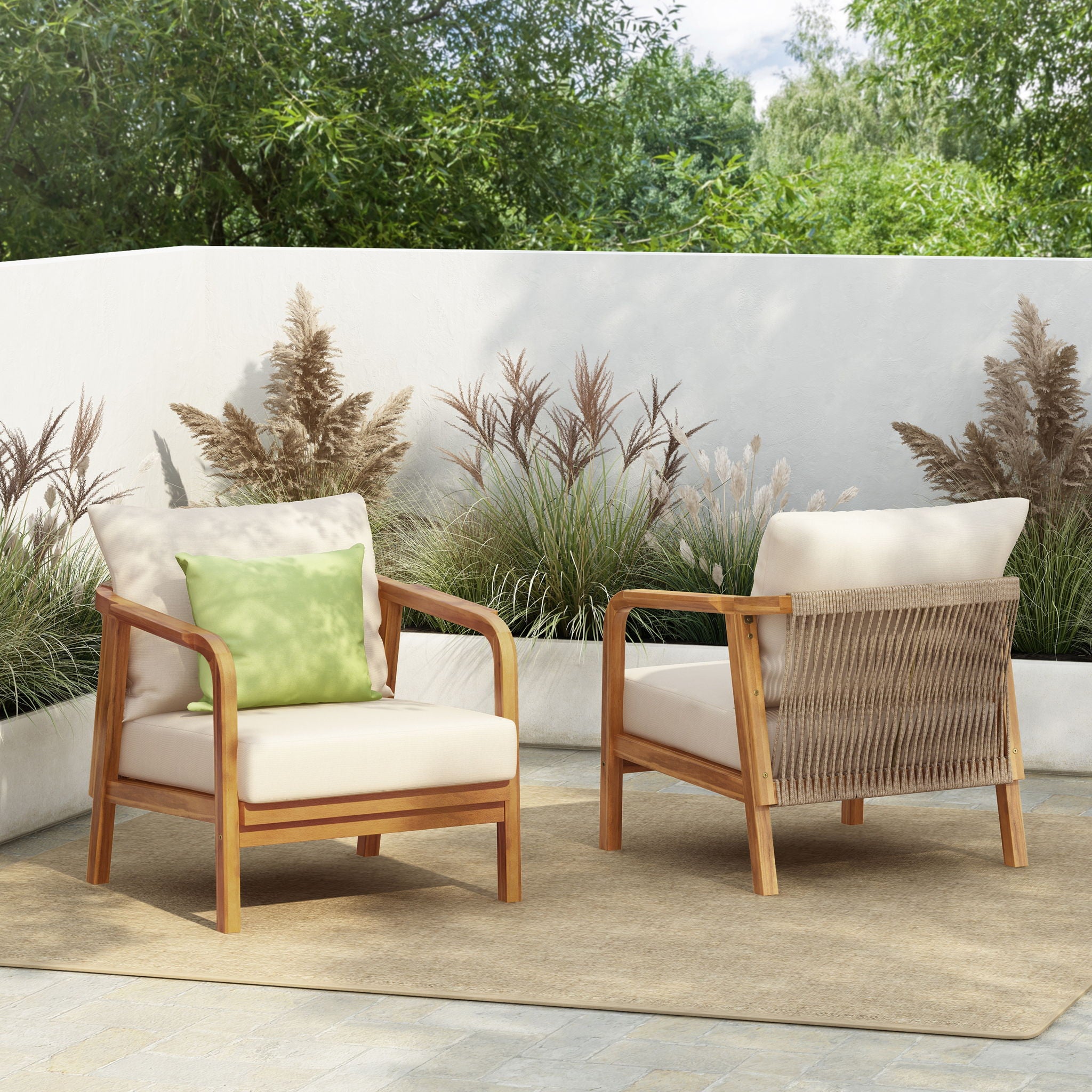 Outdoor Lounge Chair With Woven Backrest, Solid Wood Frame, Comfortable Cushions