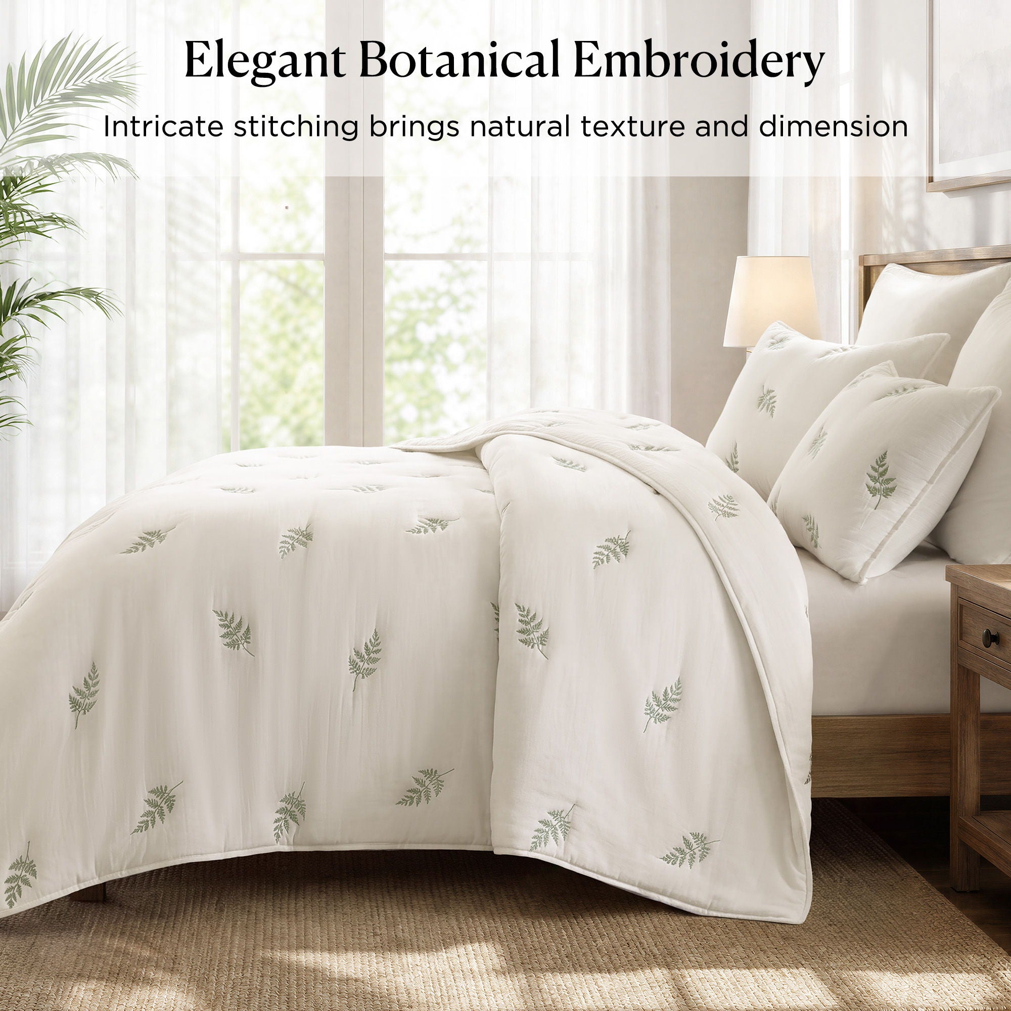 Willow Embroidered Botanical - King/California King 100% Cotton Lightweight 3 Piece Quilt Set - White / Sage