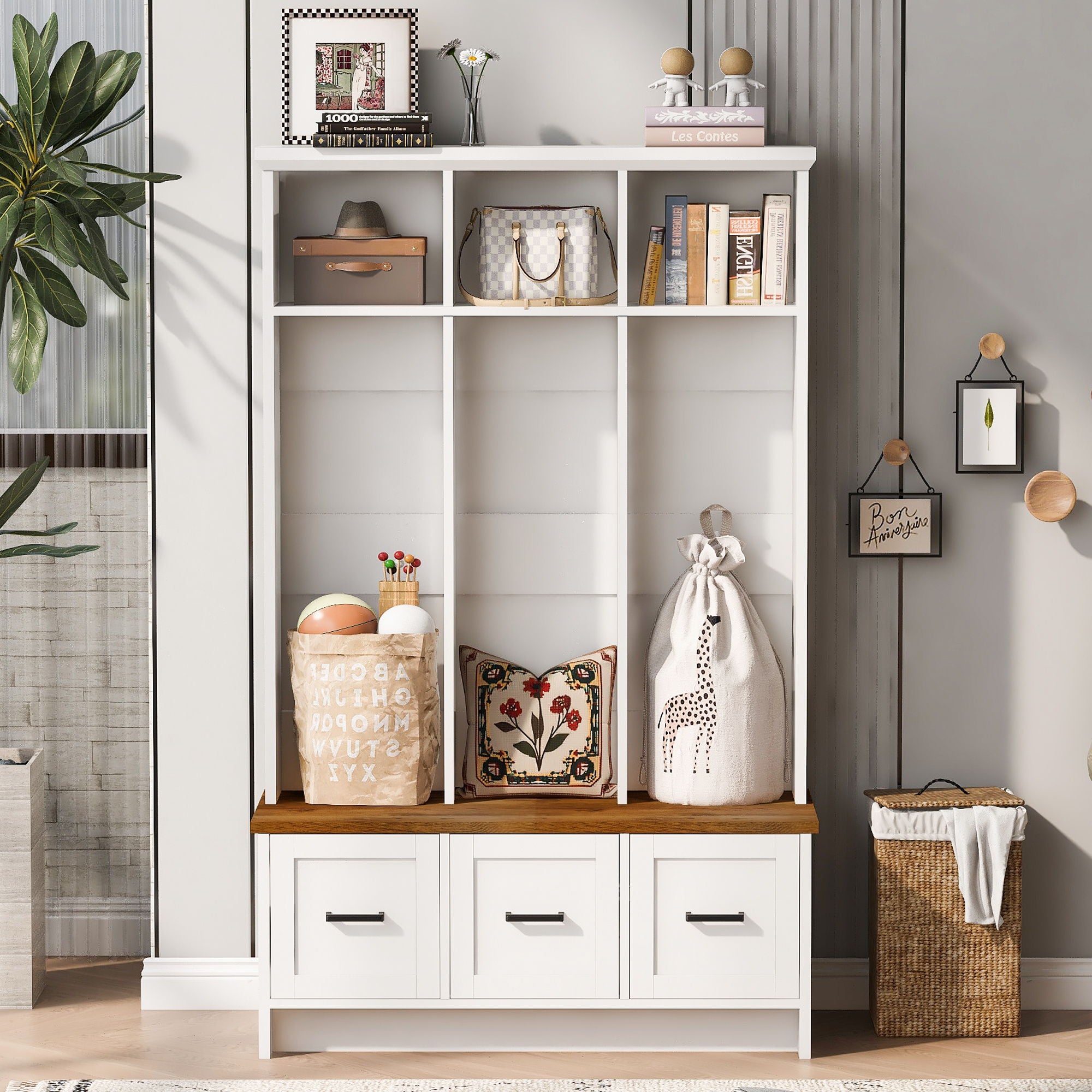 Modern Hall Tree With 3 Shelves And Drawers, Storage Bench