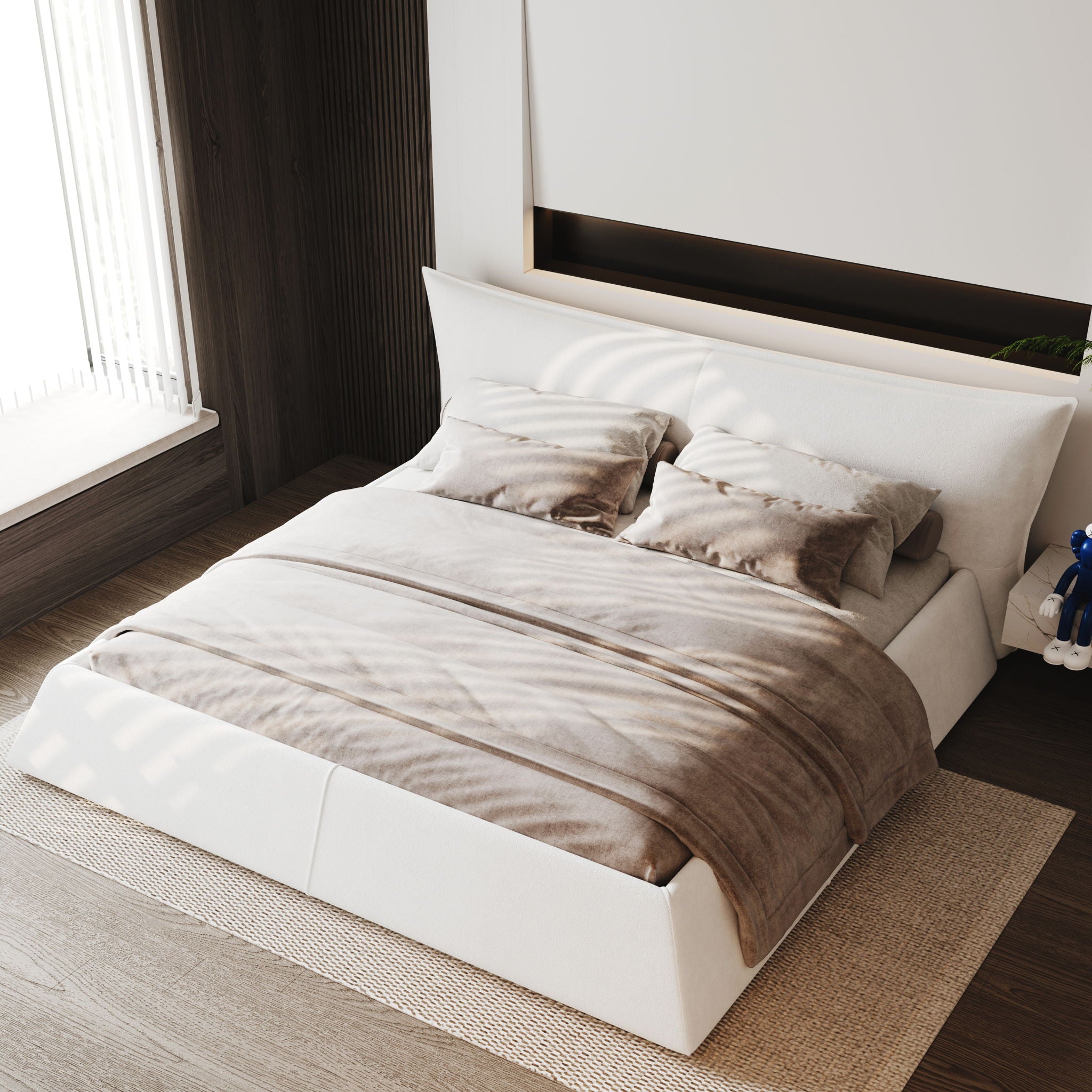 King Size Platform Bed With Special-Shaped Headboard - Cream