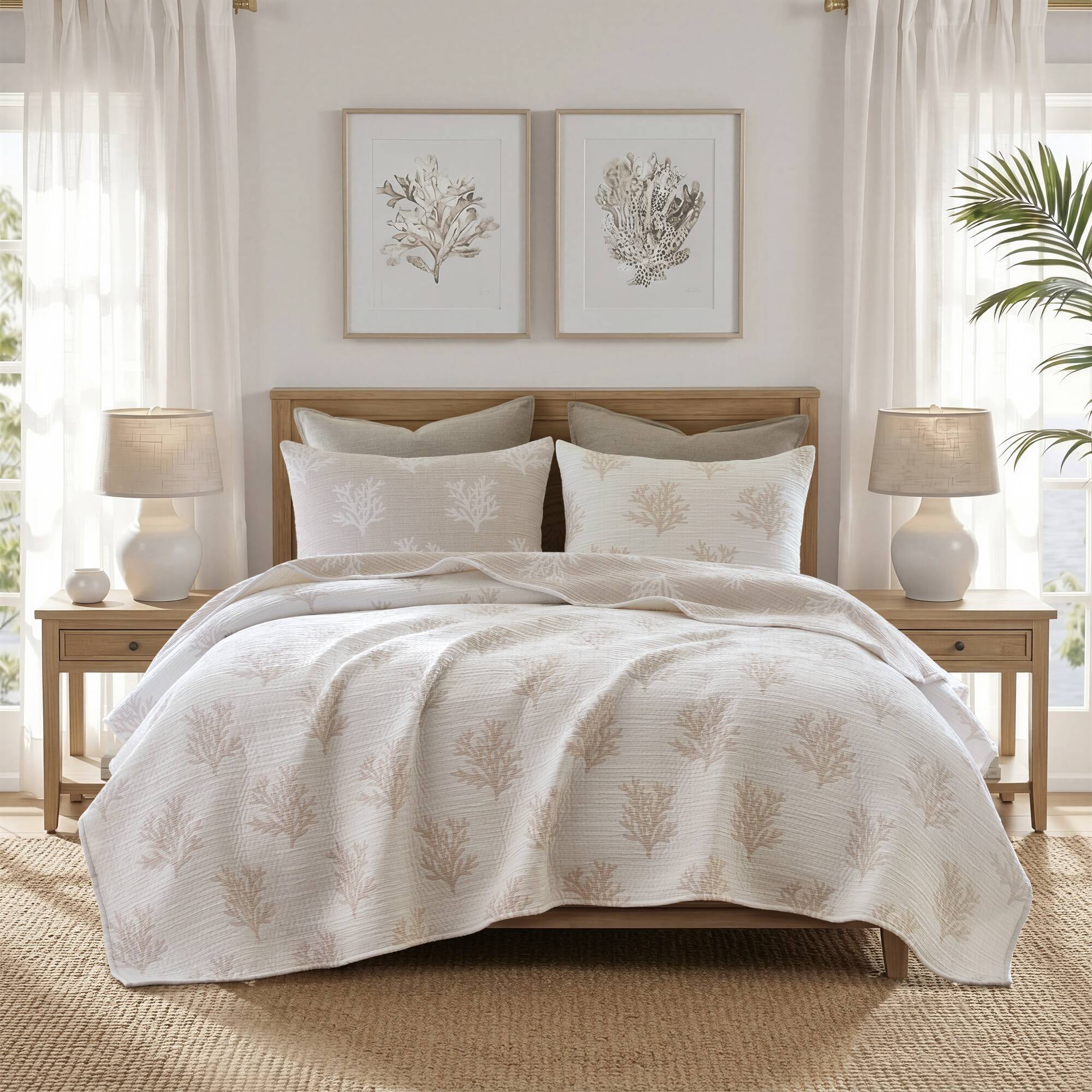 Mia Coral - 3 Piece Full Quilt Mini Set - Tan / Gray