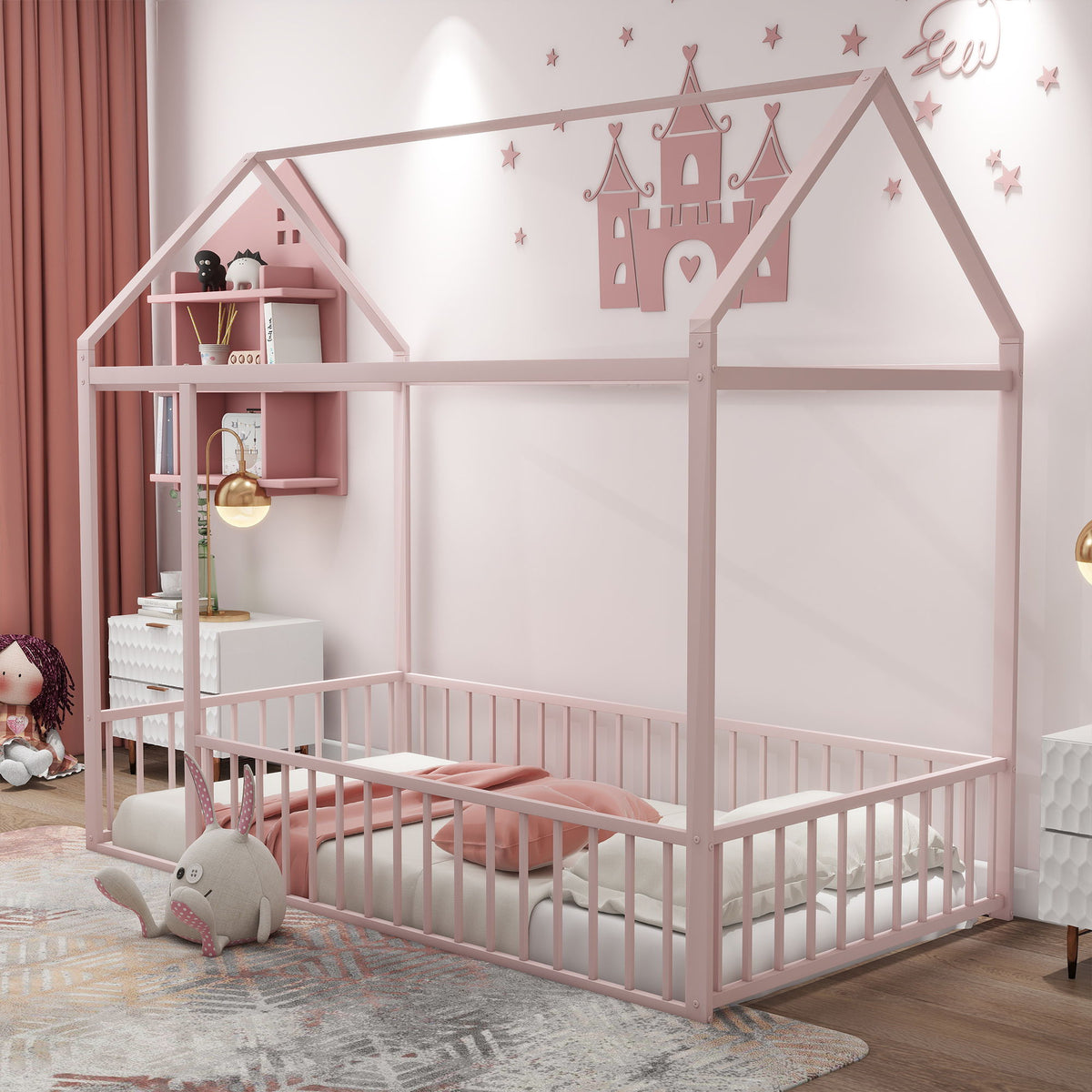 Metal Bed House Bed Frame With Fence