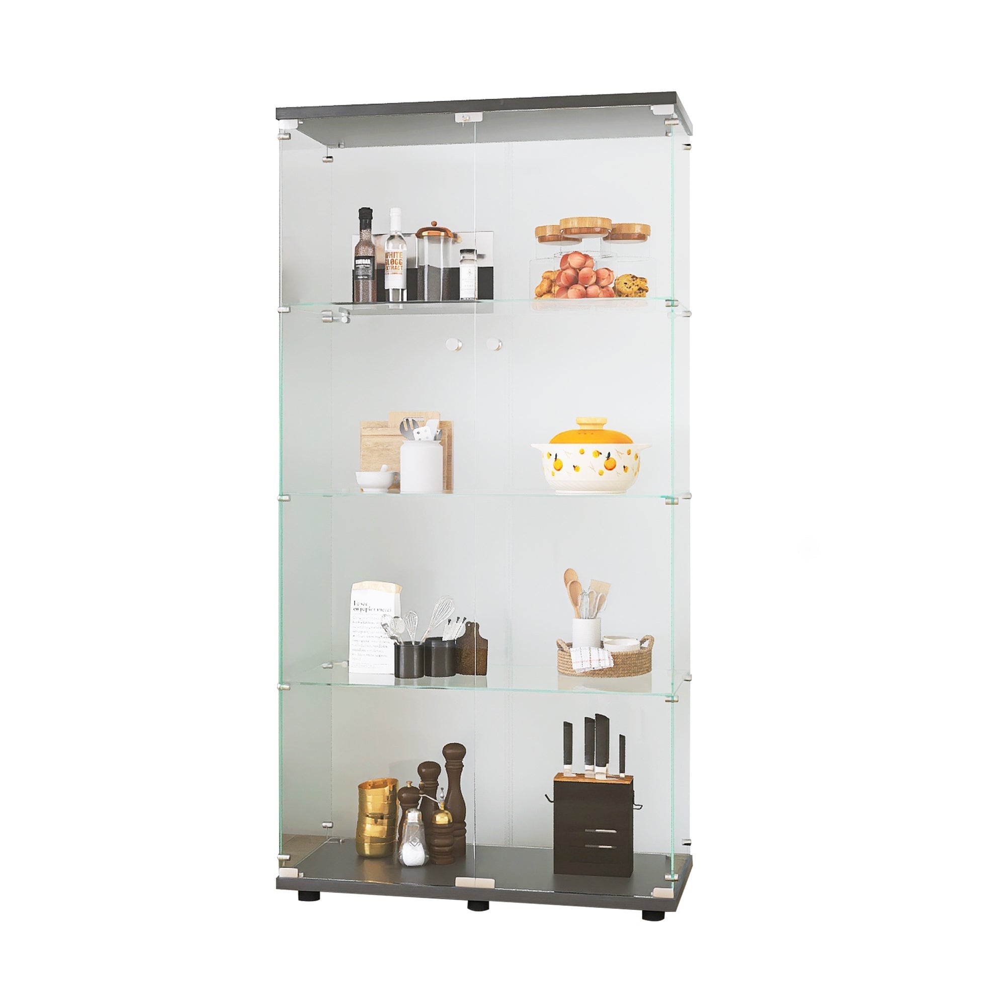 Two-door Glass Display Cabinet 4 Shelves with Door, Floor Standing Curio Bookshelf for Living Room Bedroom Office, 64.7"*31.7"*14.3",Black
