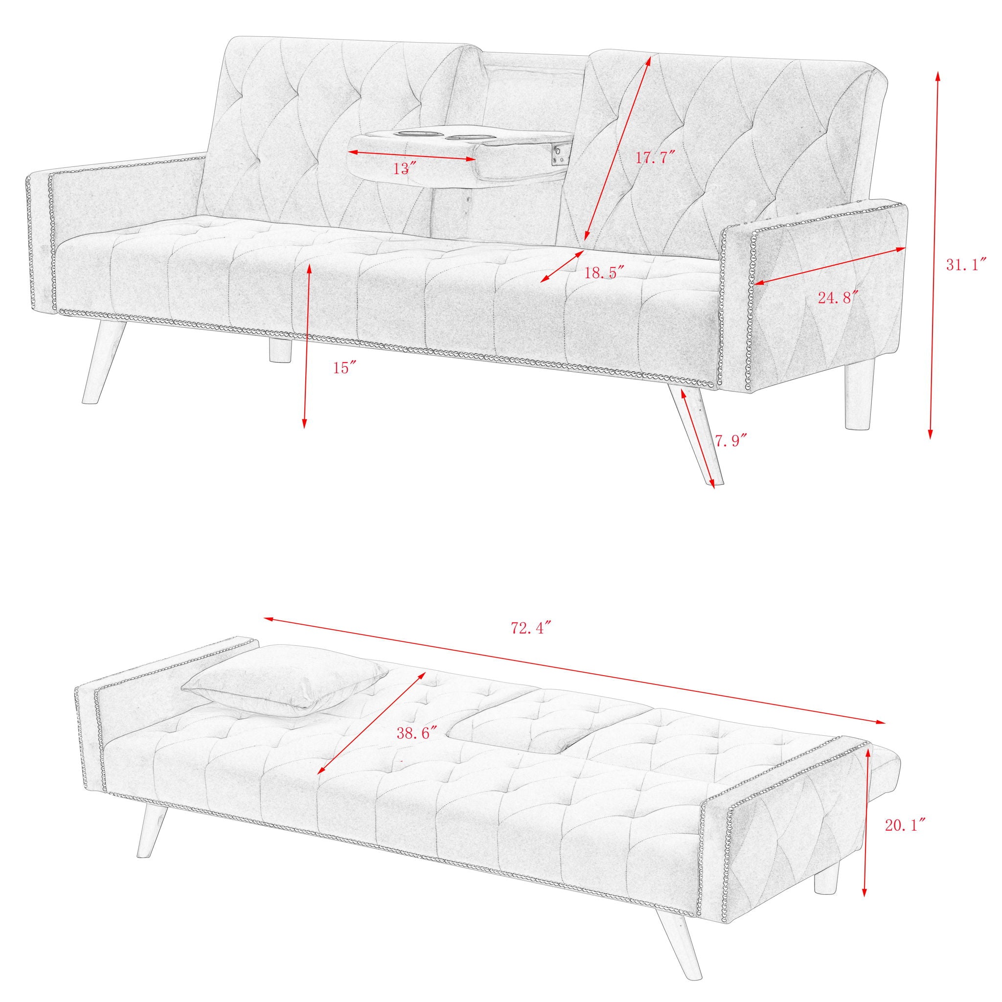 Sofa Bed With Nail Head Trim And Cup Holders - Pink