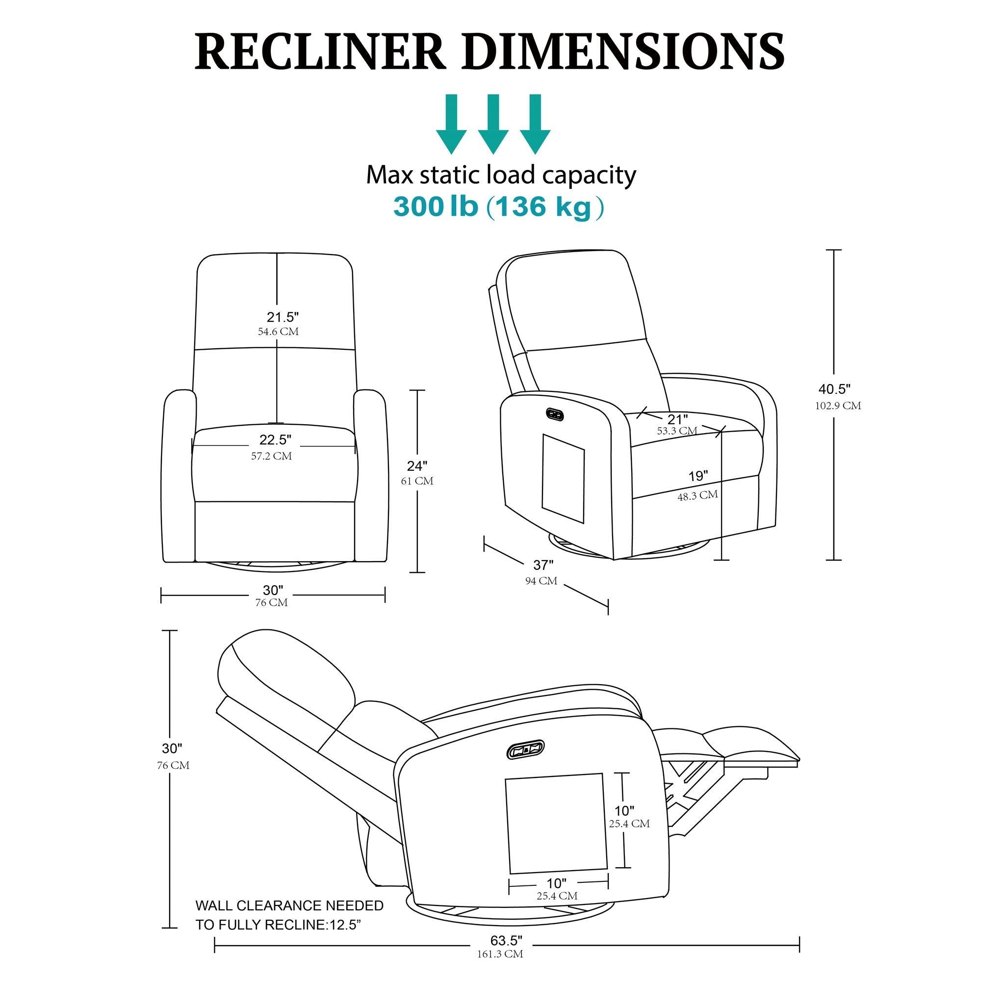 Dakota - Power Recliner 3-in-1 With Swivel, Glider, USB Ports - Blue